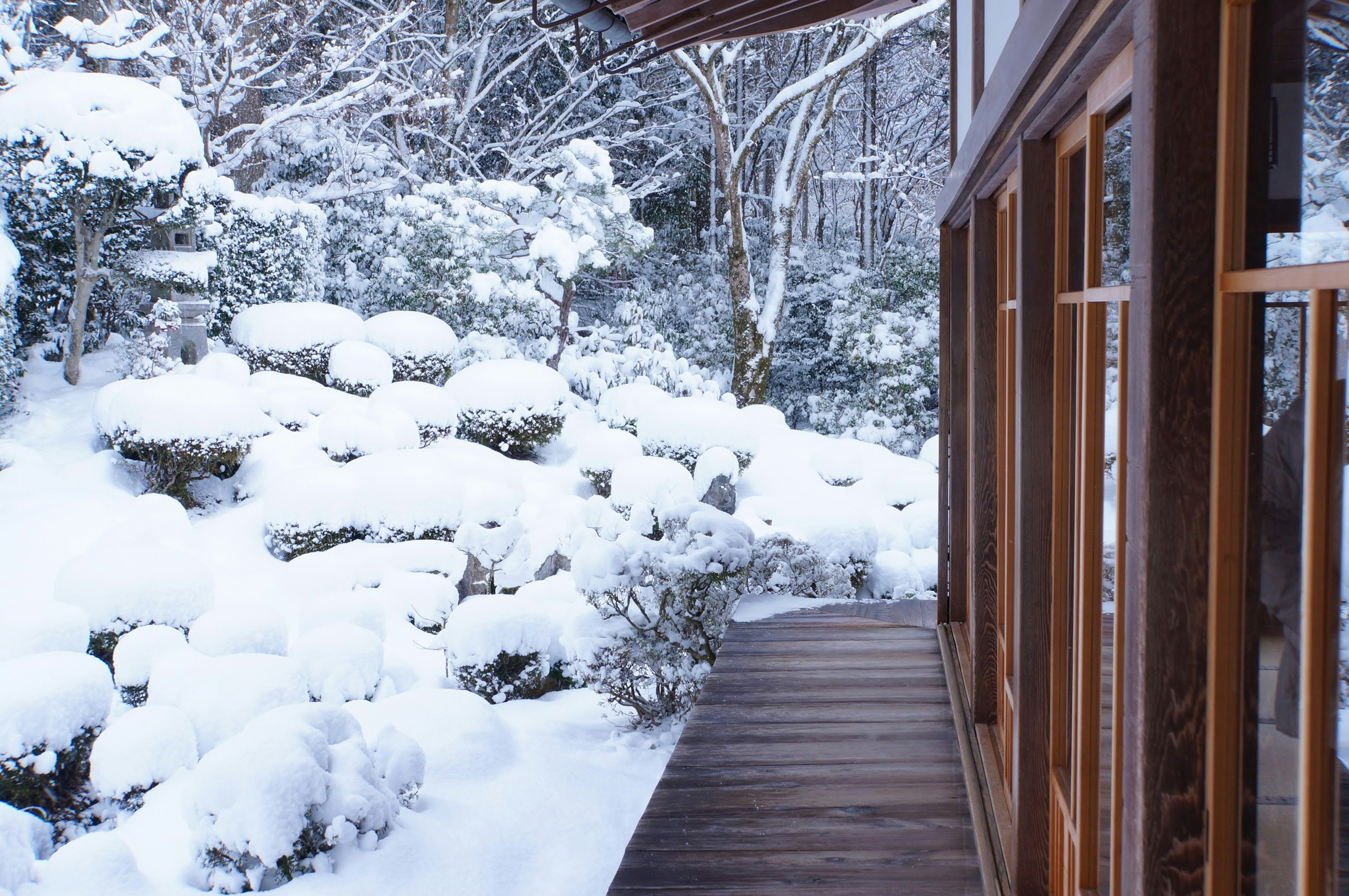 Giardino innevato con terrazza in legno e paesaggio sereno