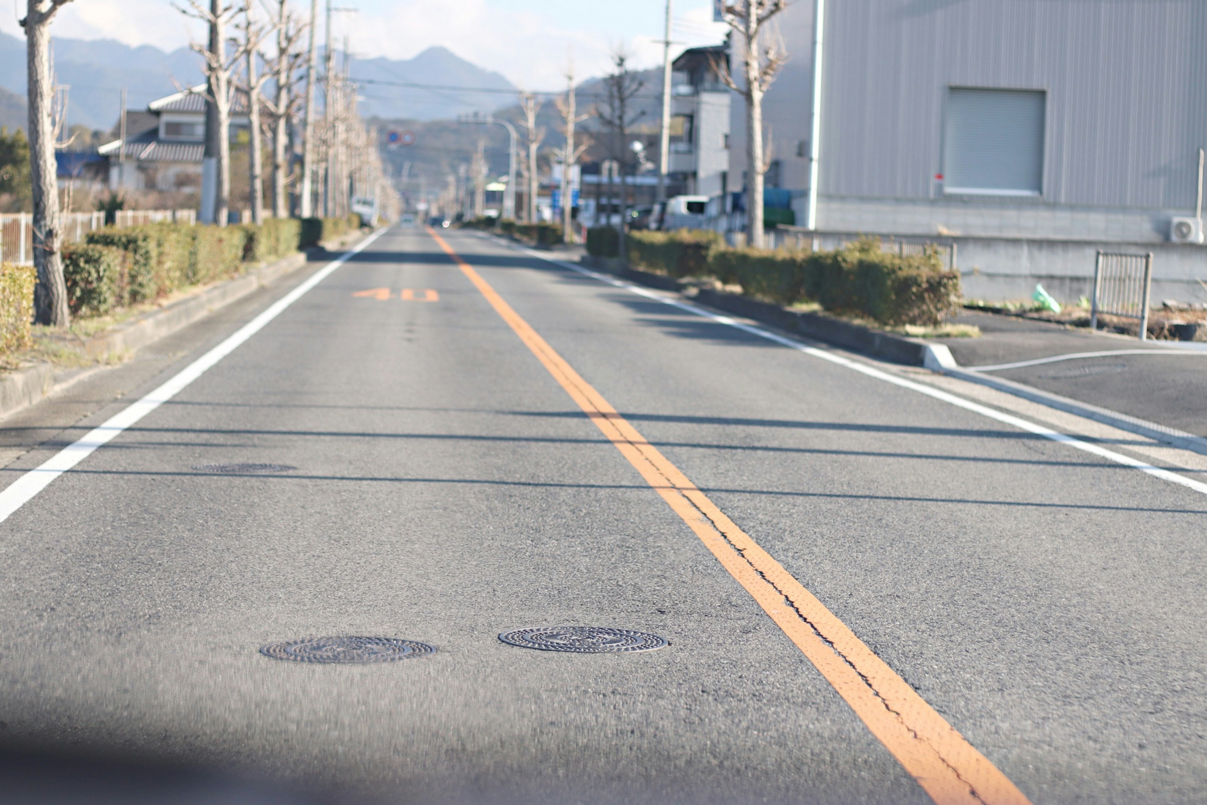 道路の中央にオレンジ色のラインがあり、周囲には木々と建物が見える風景