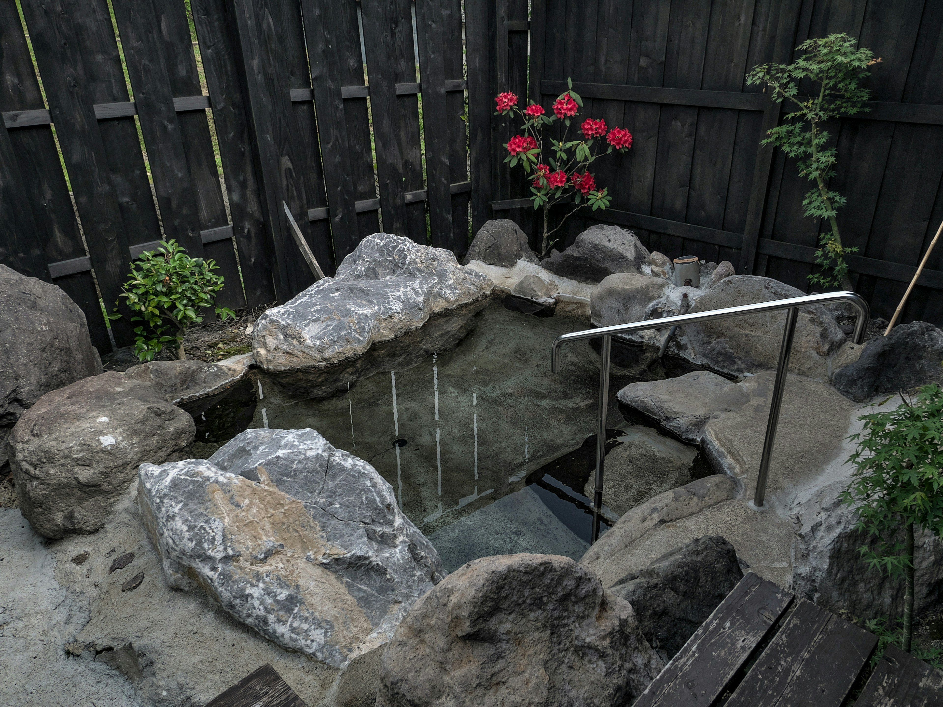 Una pequeña piscina termal rodeada de rocas y plantas