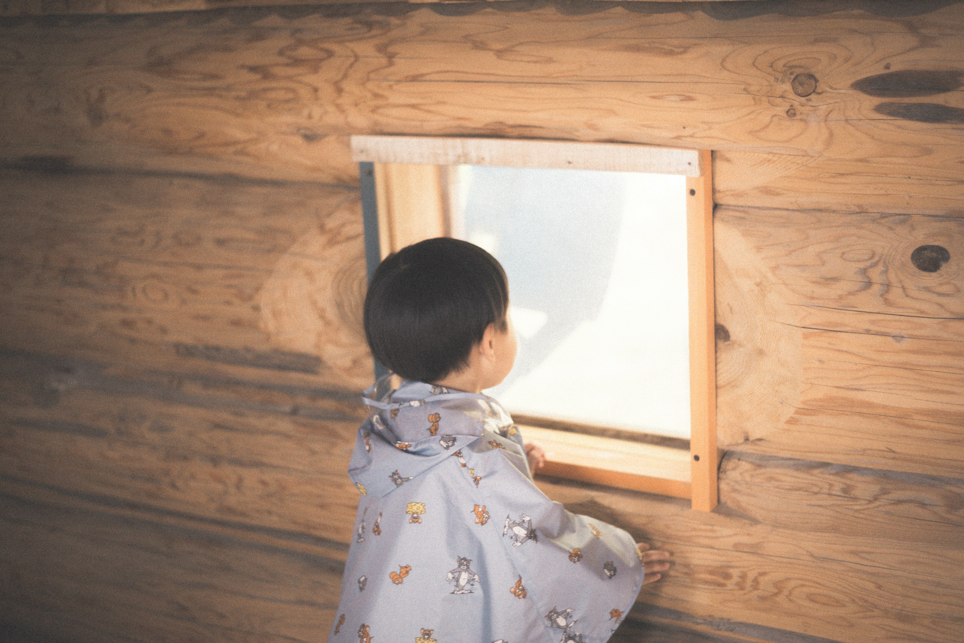 A small child looking out of a window in a wooden wall