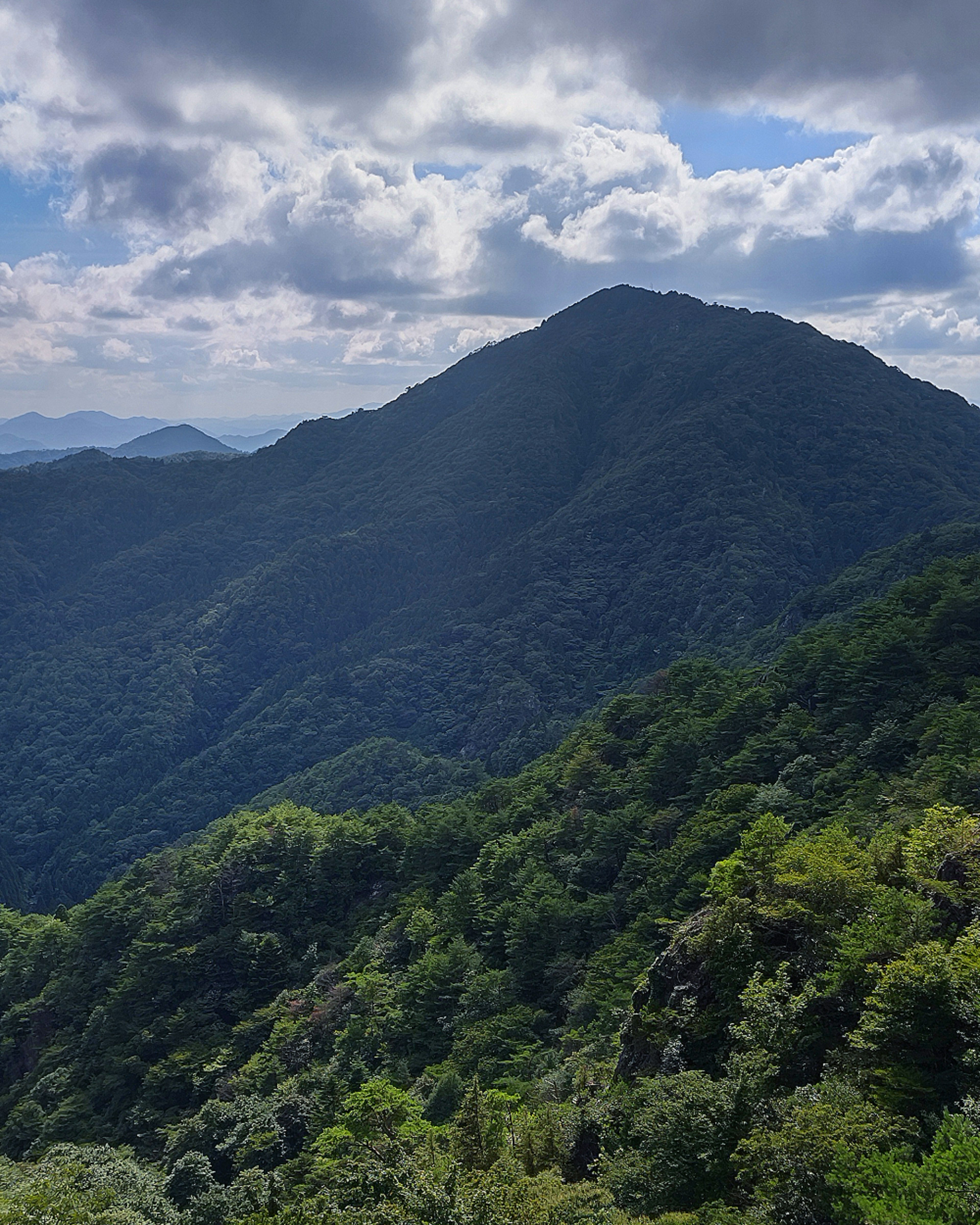 郁郁葱葱的山景与多云的天空