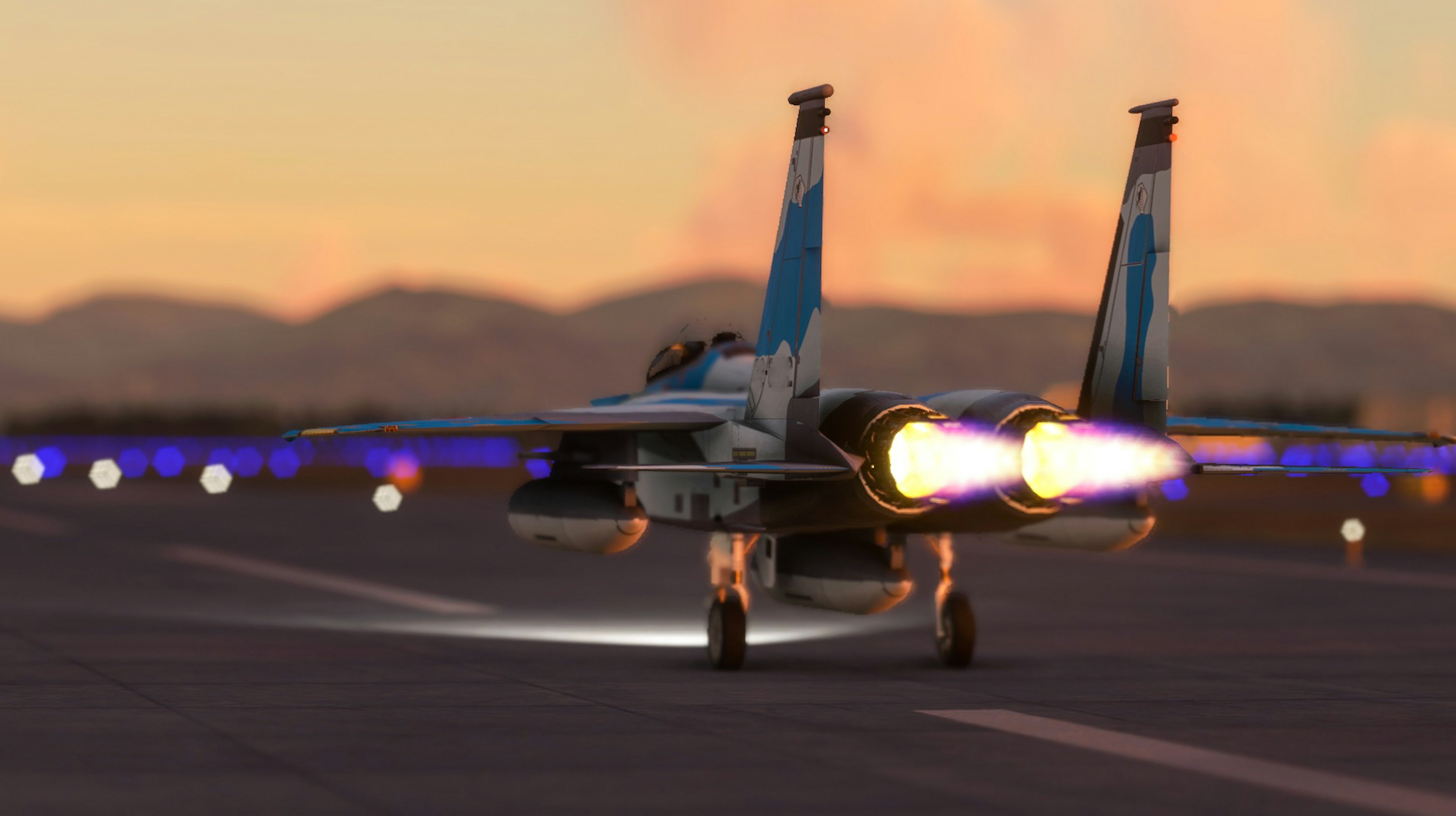 A fighter jet taking off with afterburners ignited on the runway