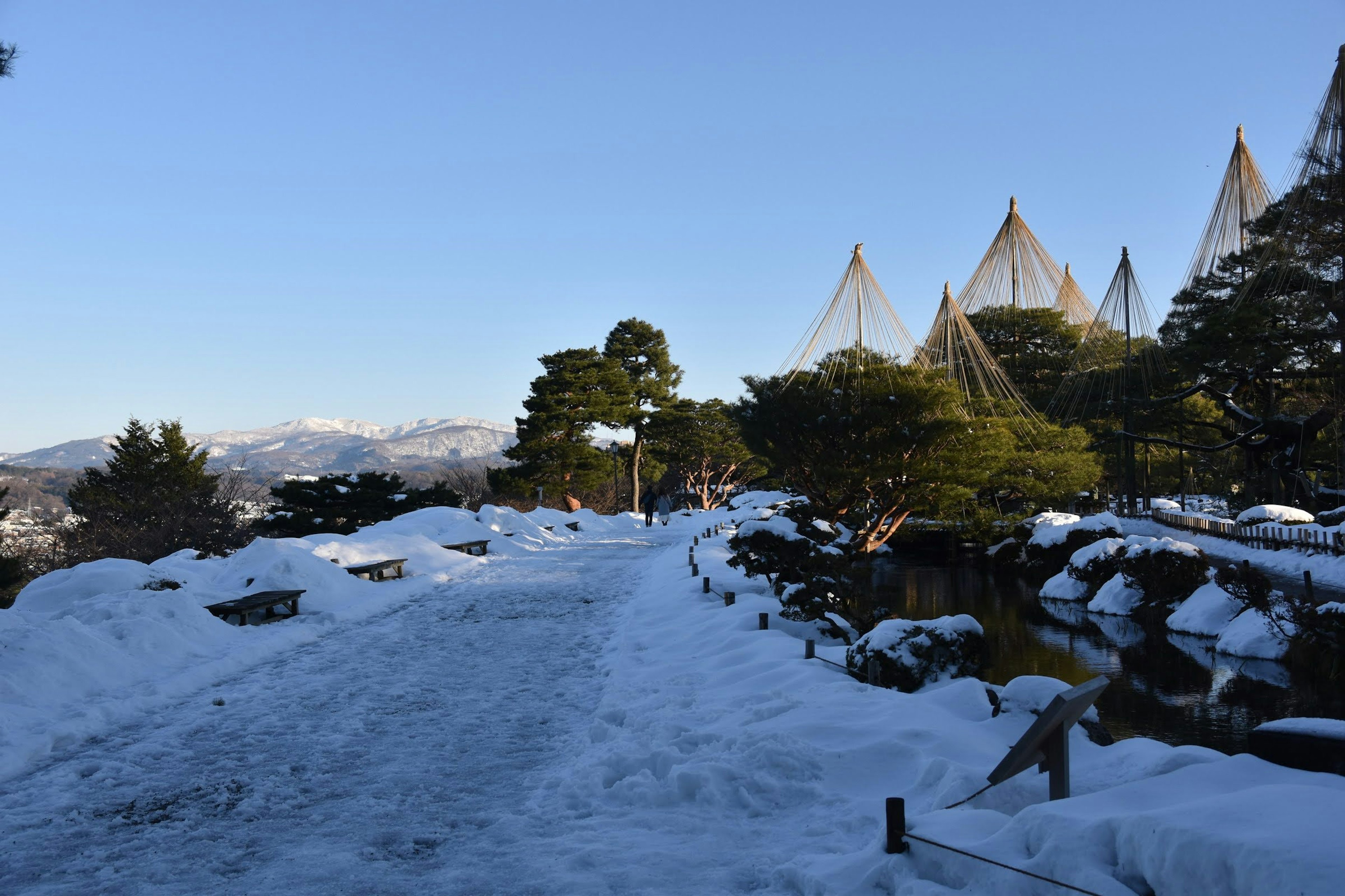 Sendero del jardín cubierto de nieve con vista a montañas nevadas