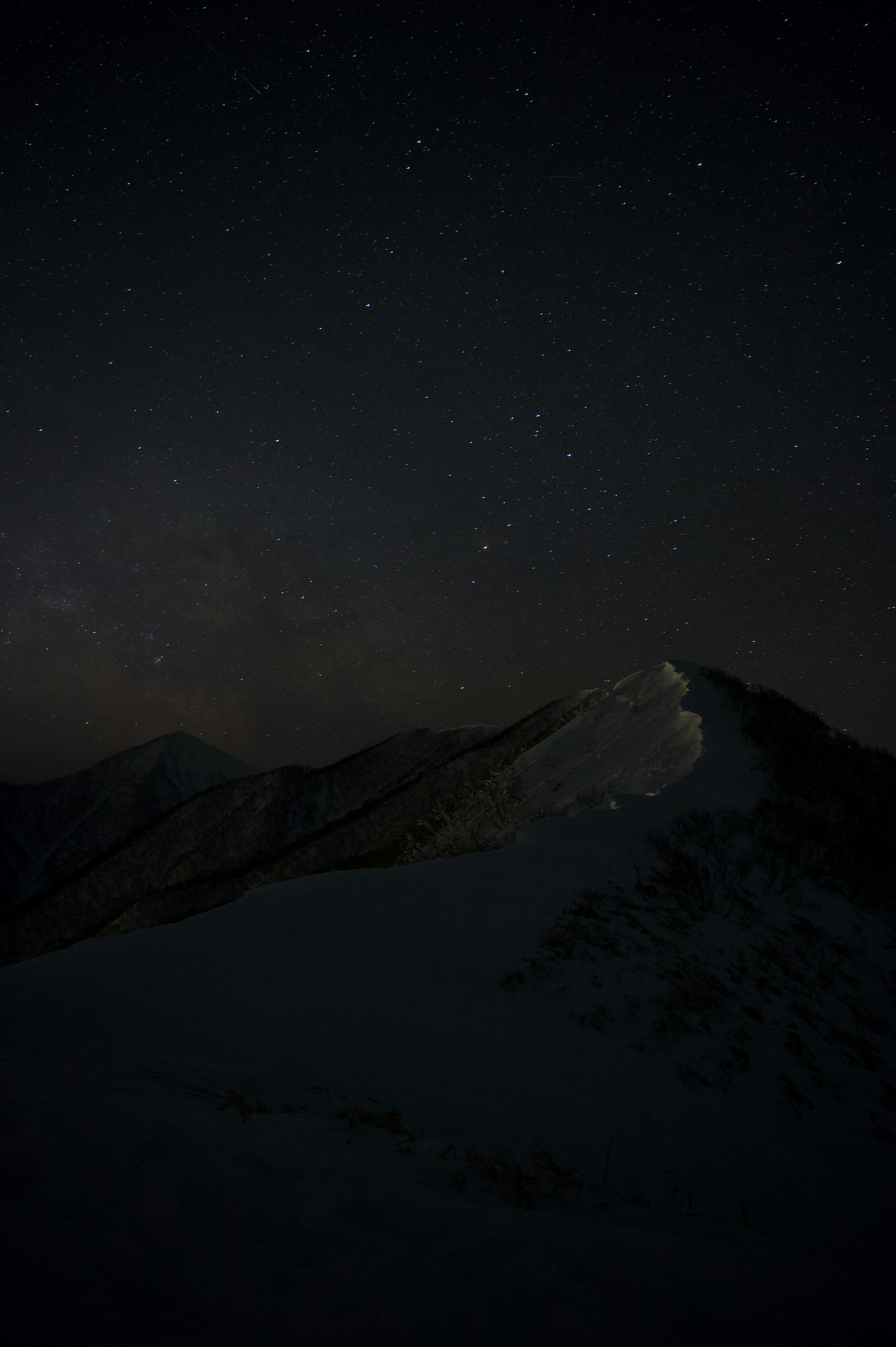 夜空に輝く星々と山のシルエット