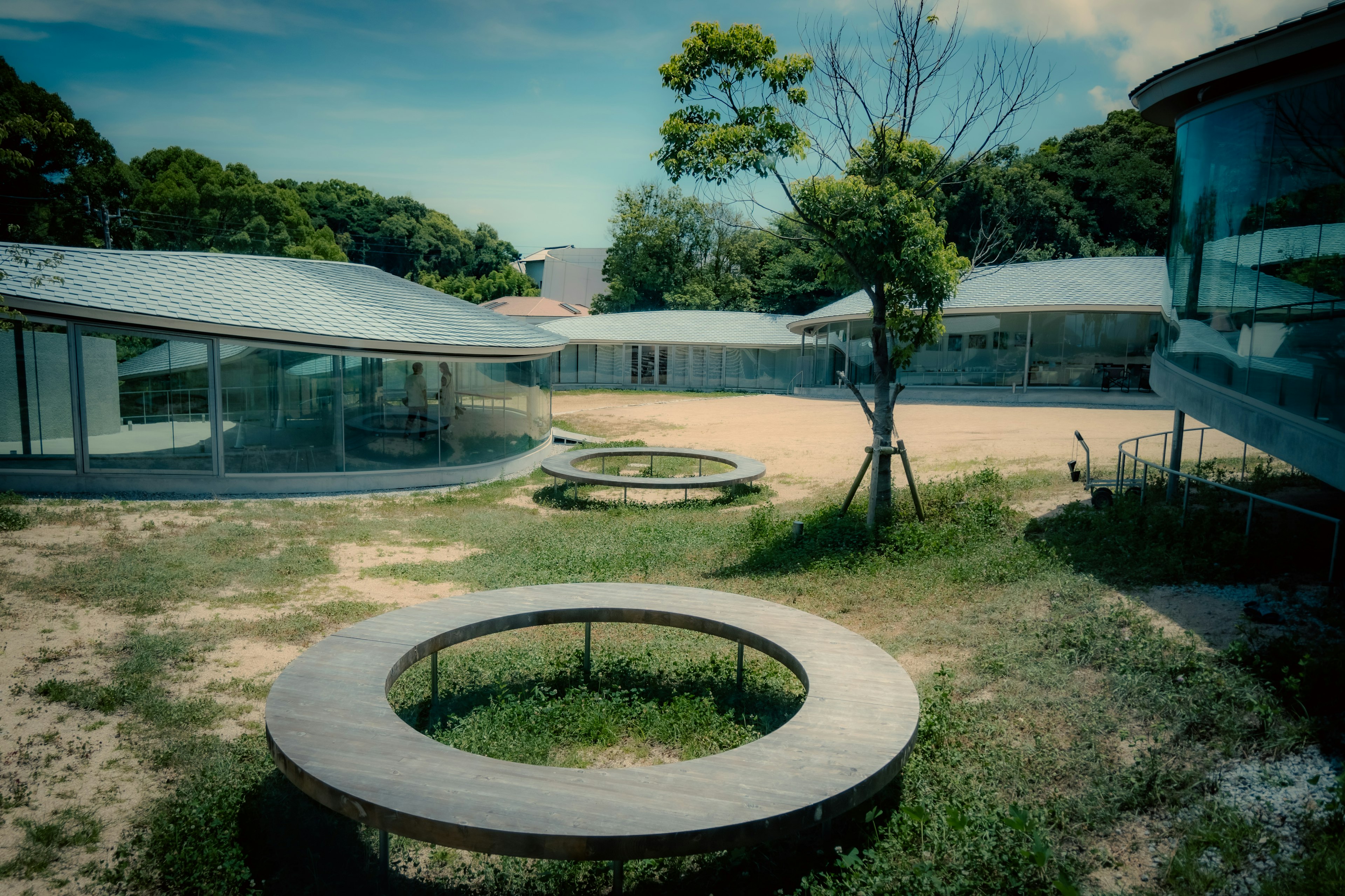 A modern architectural space featuring circular benches and a grassy area