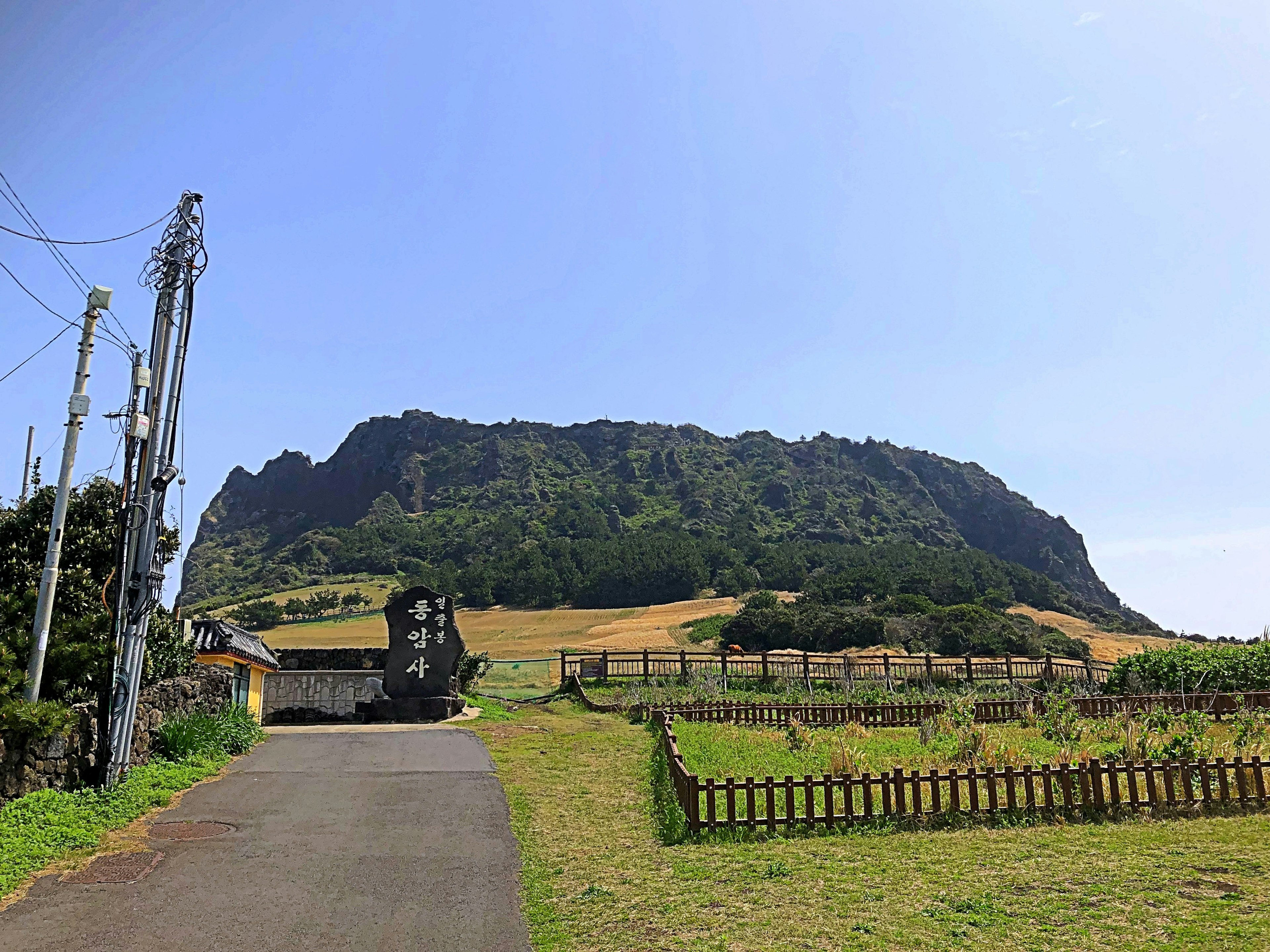 Malersicher Blick auf eine grüne Landschaft mit einem Felsenberg