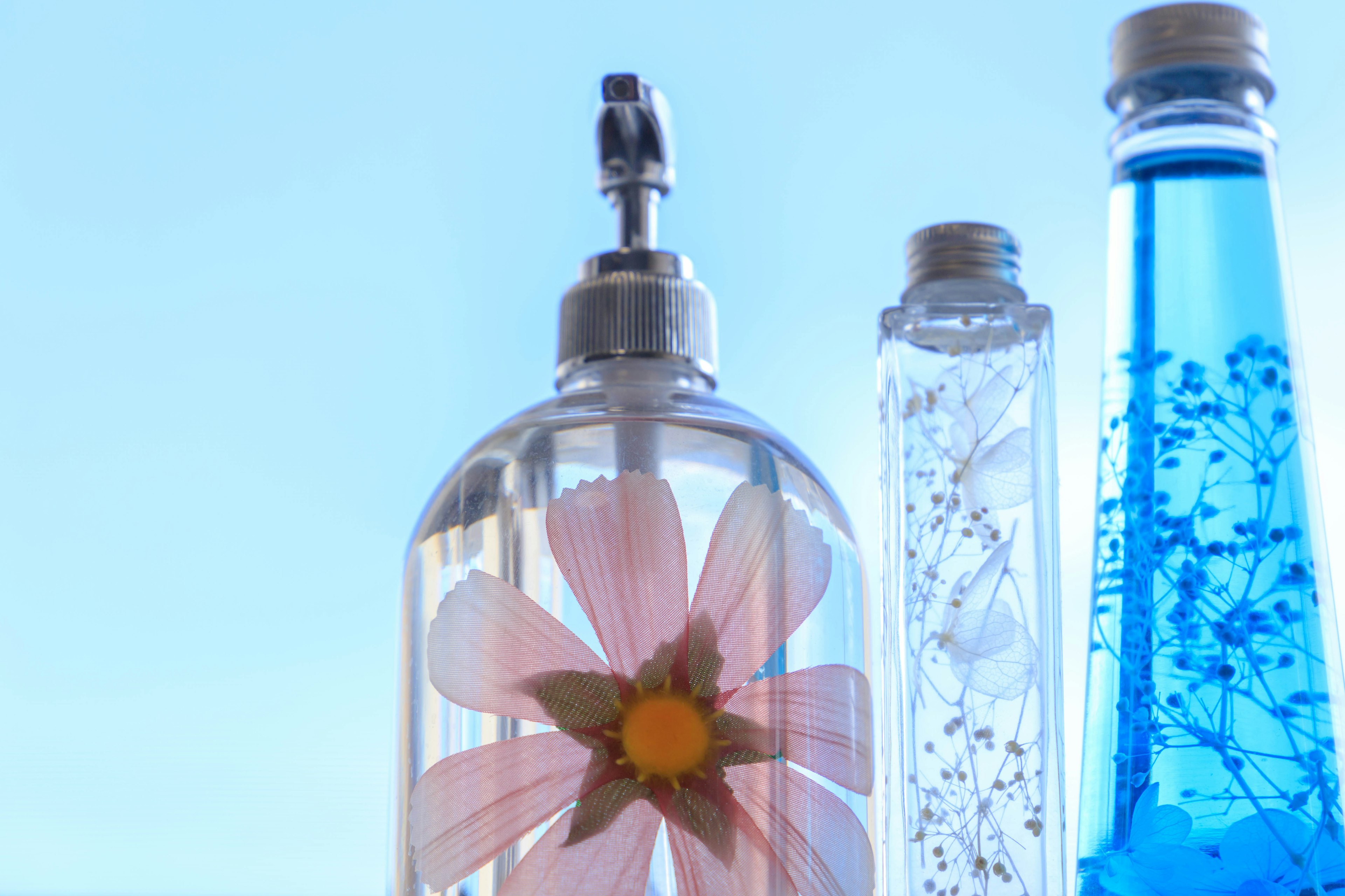 Bild einer transparenten Flasche mit einer Blume darin vor einem blauen Himmel