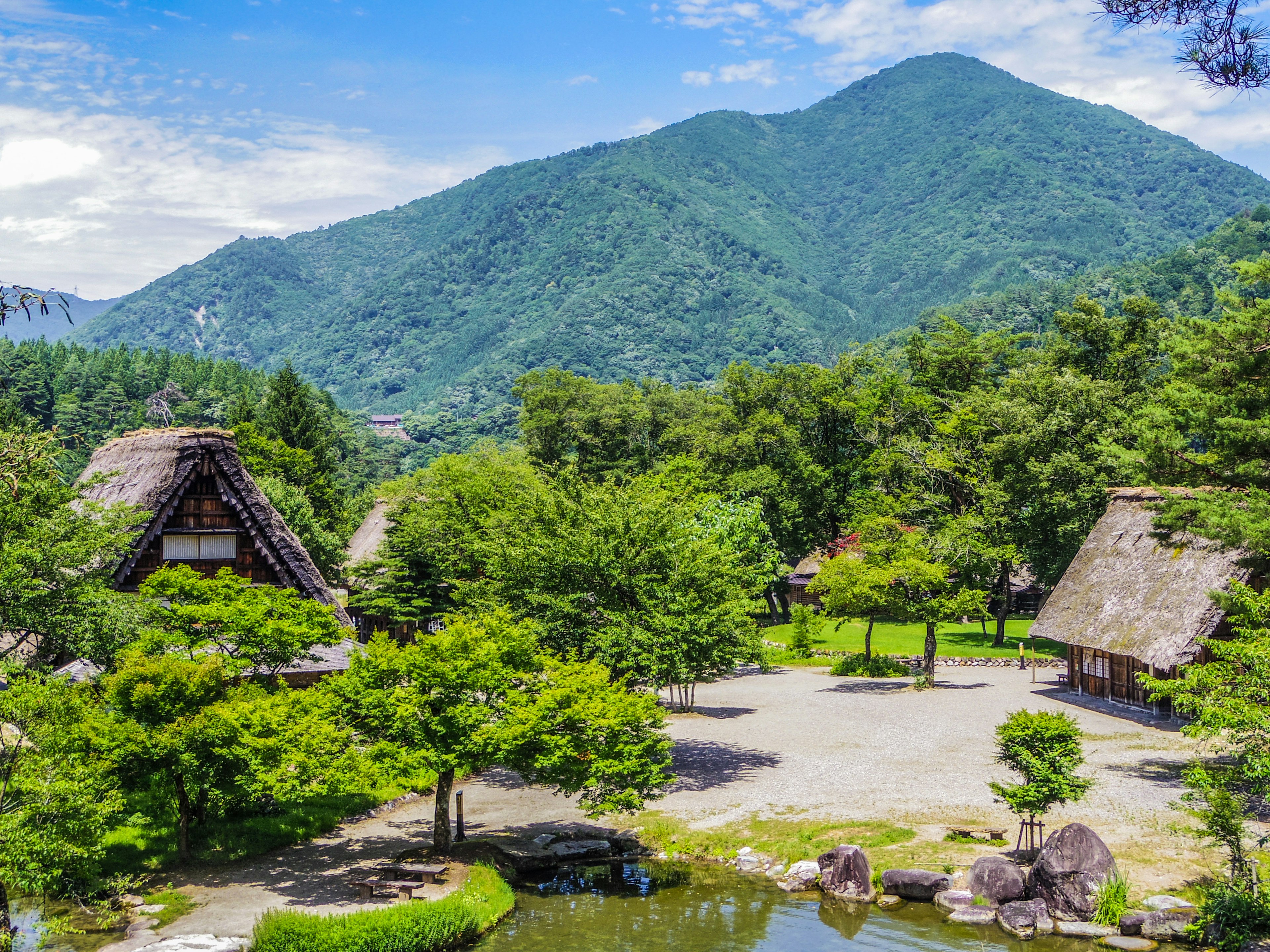 传统茅草屋和郁郁葱葱的绿色植物及山脉的风景