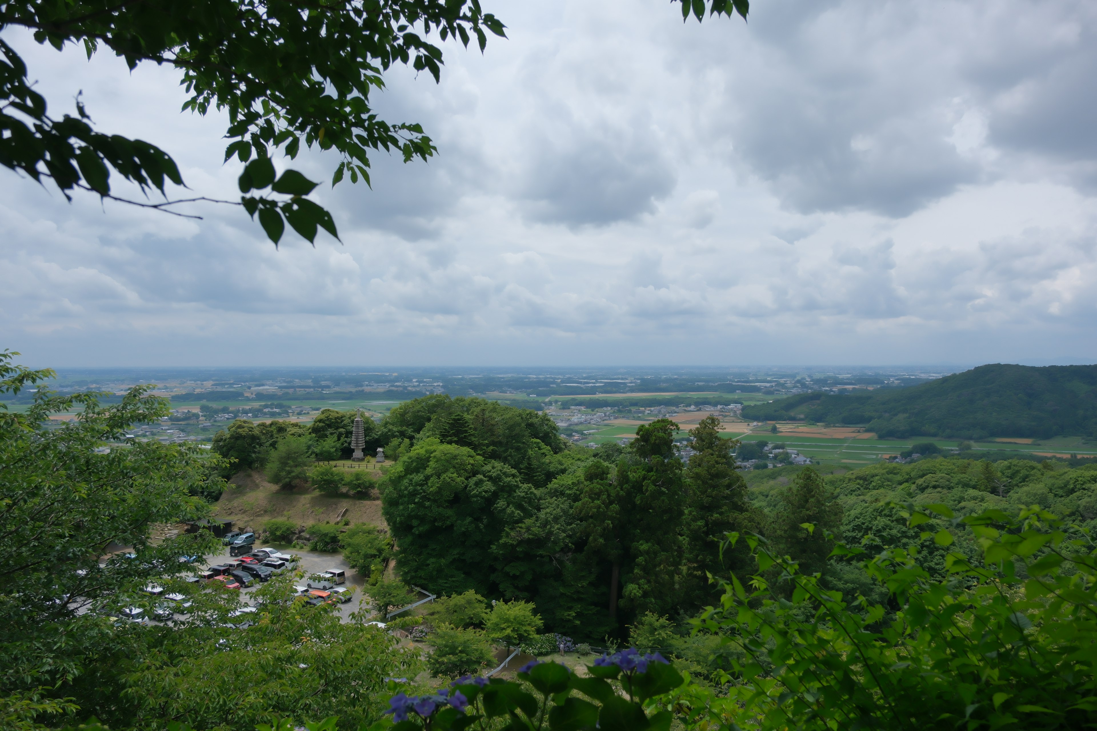 Üppige Landschaft mit Blick auf einen bewölkten Himmel und entfernte Hügel