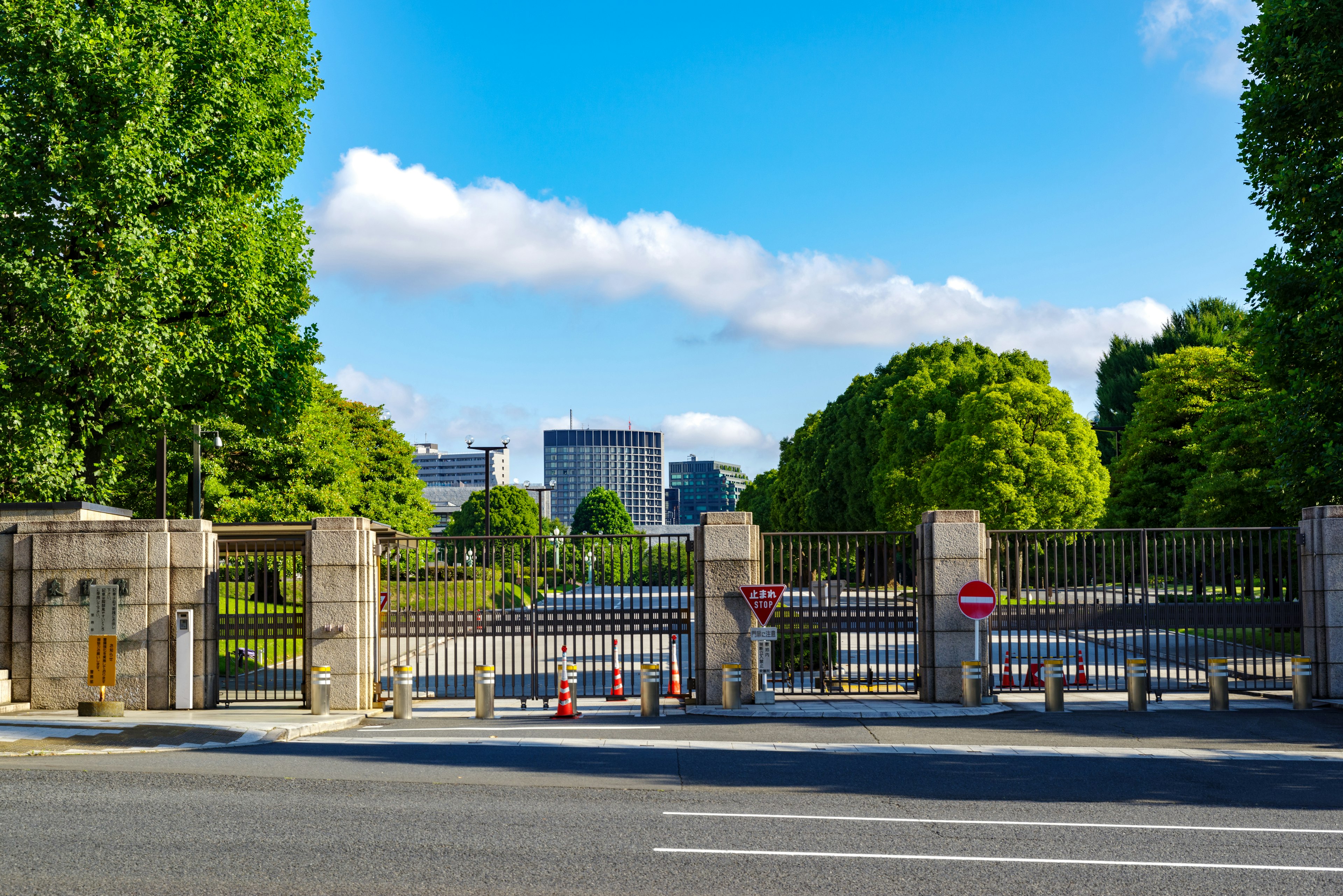 Entrée du parc avec des arbres verts et un ciel bleu