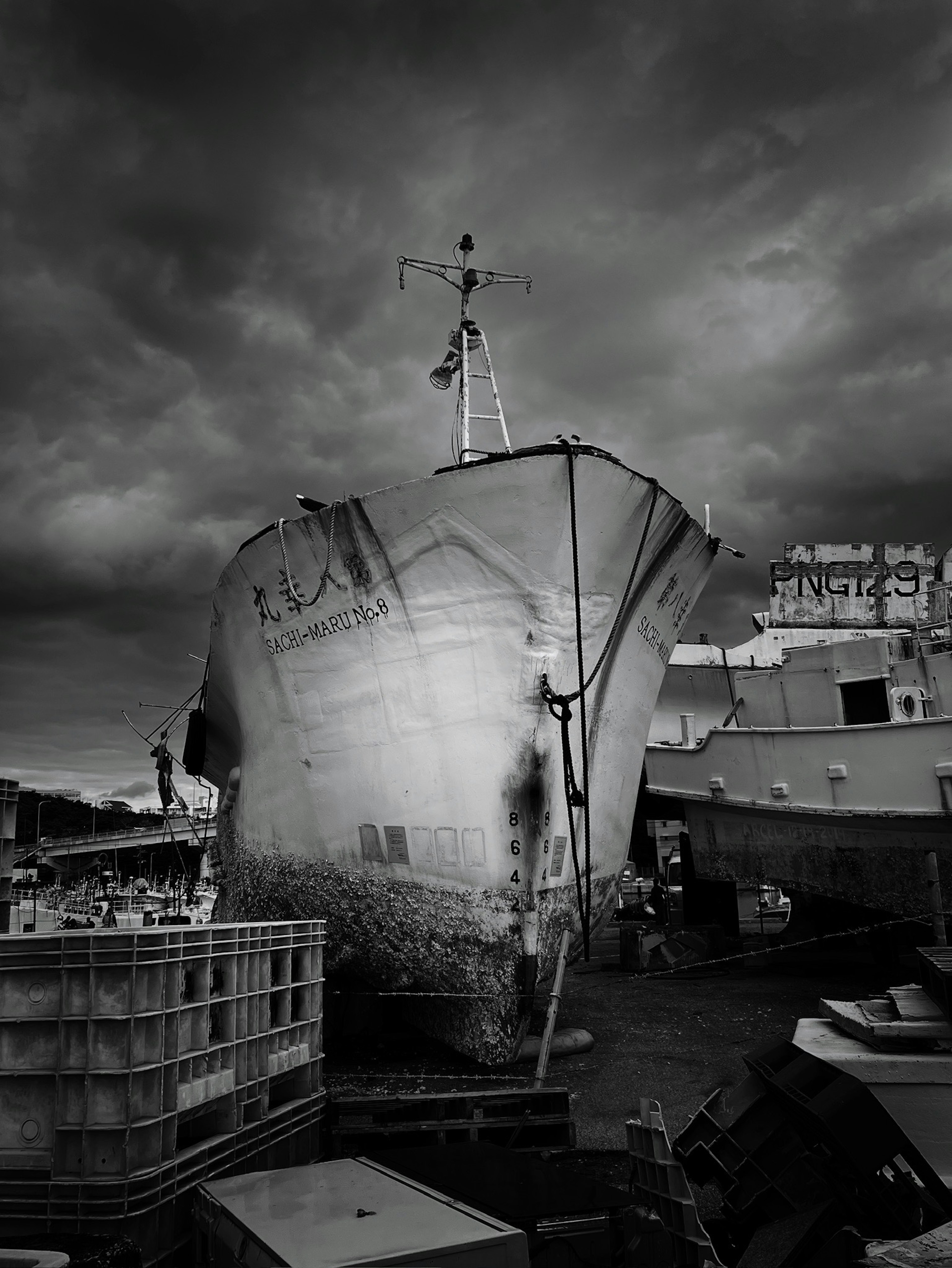 Monochrome image of a ship docked under a dark sky showcasing its side