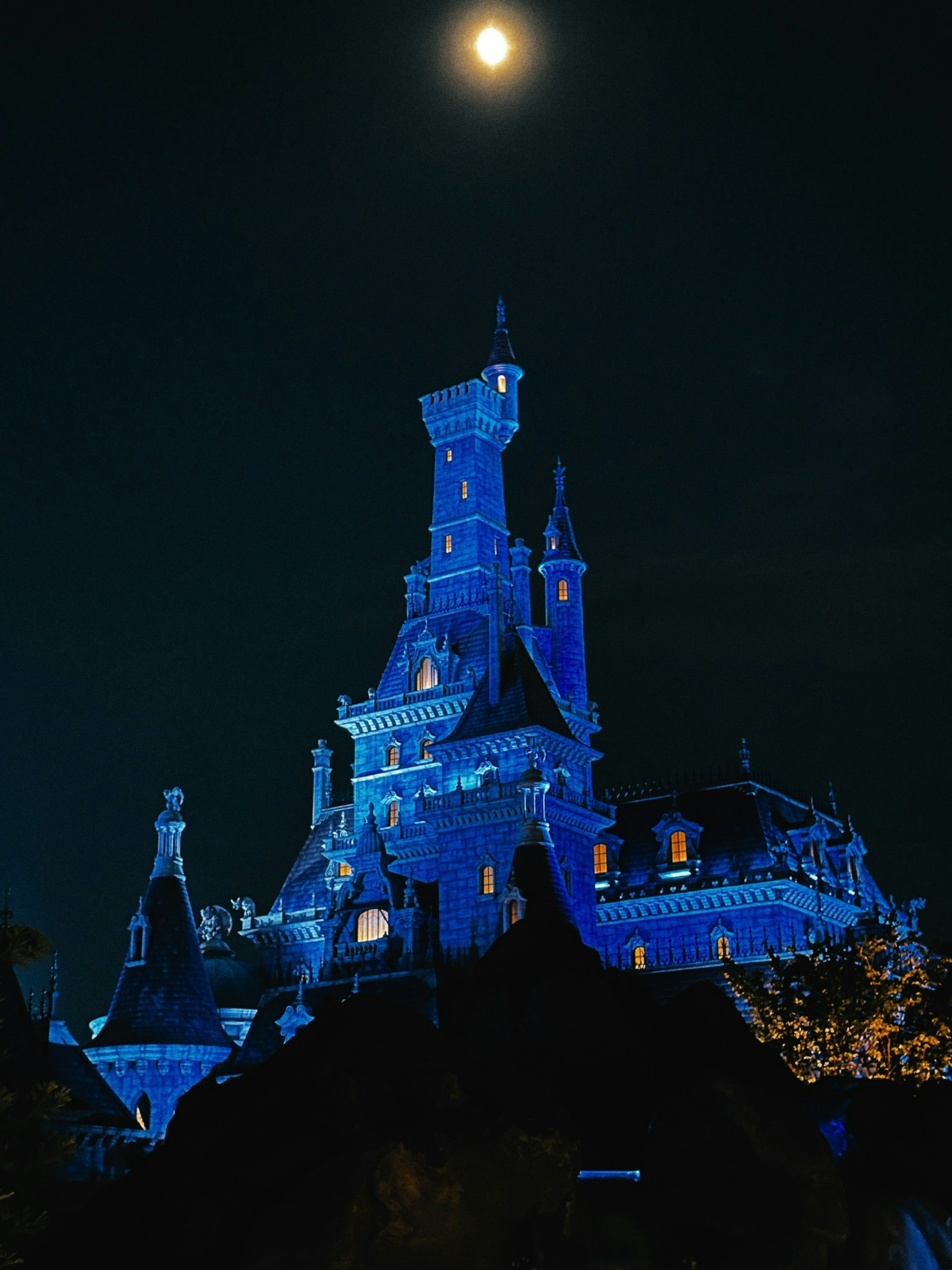 Castle illuminated in blue light under a night sky with a full moon