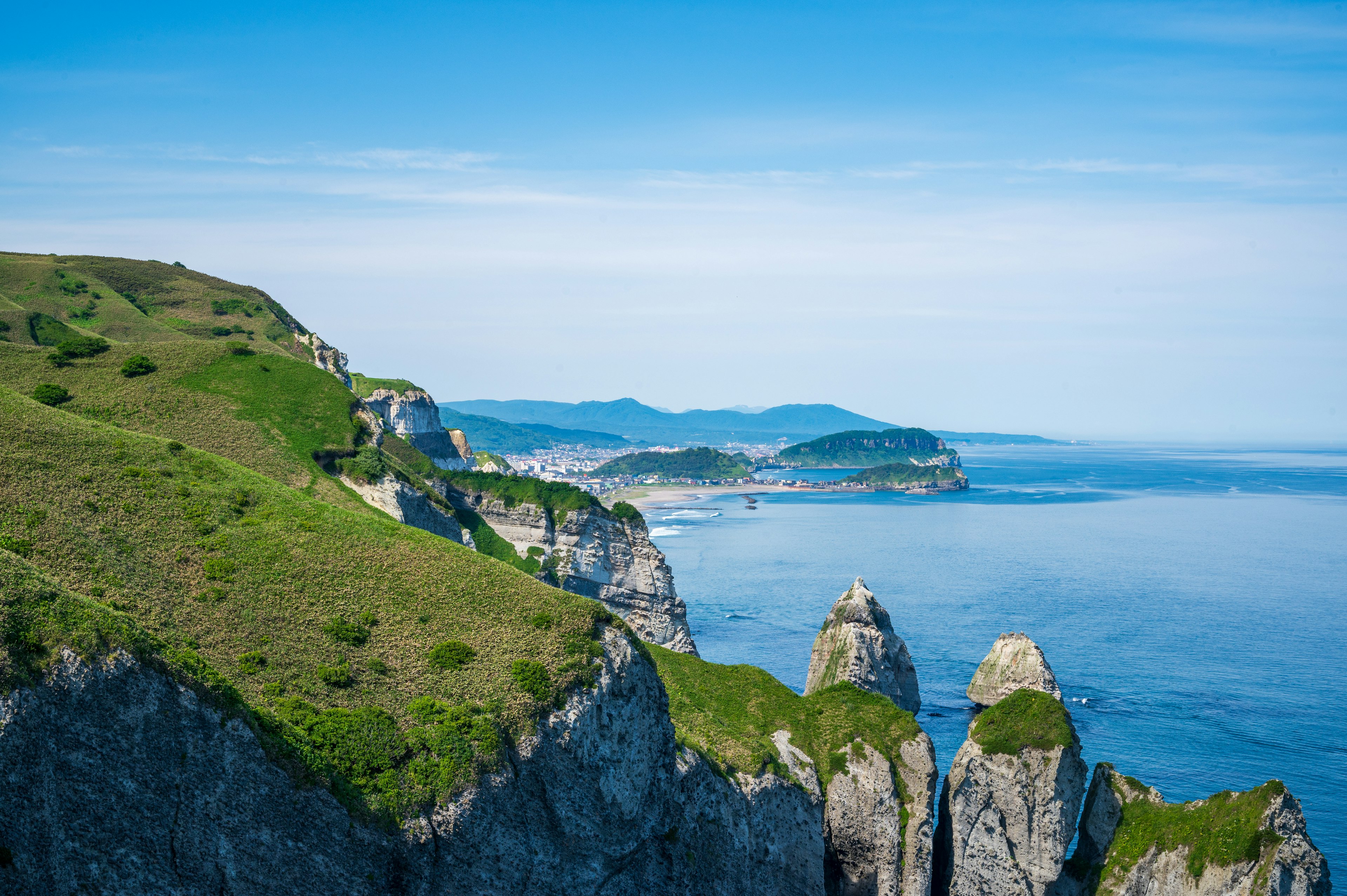 青い海と緑の丘が広がる風景の写真