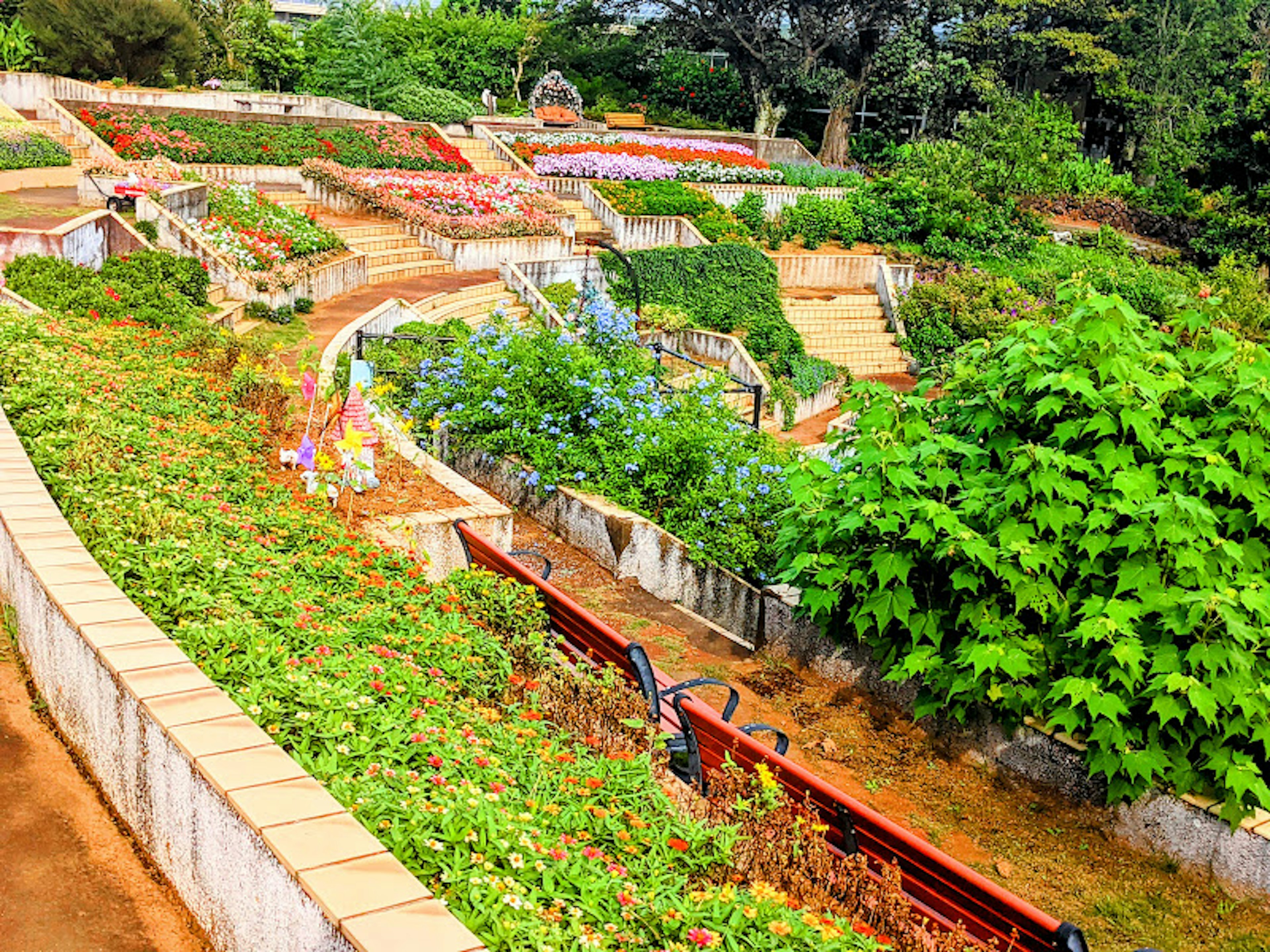 Üppige Gartenlandschaft mit Blumenbeeten und terrassierten Wegen