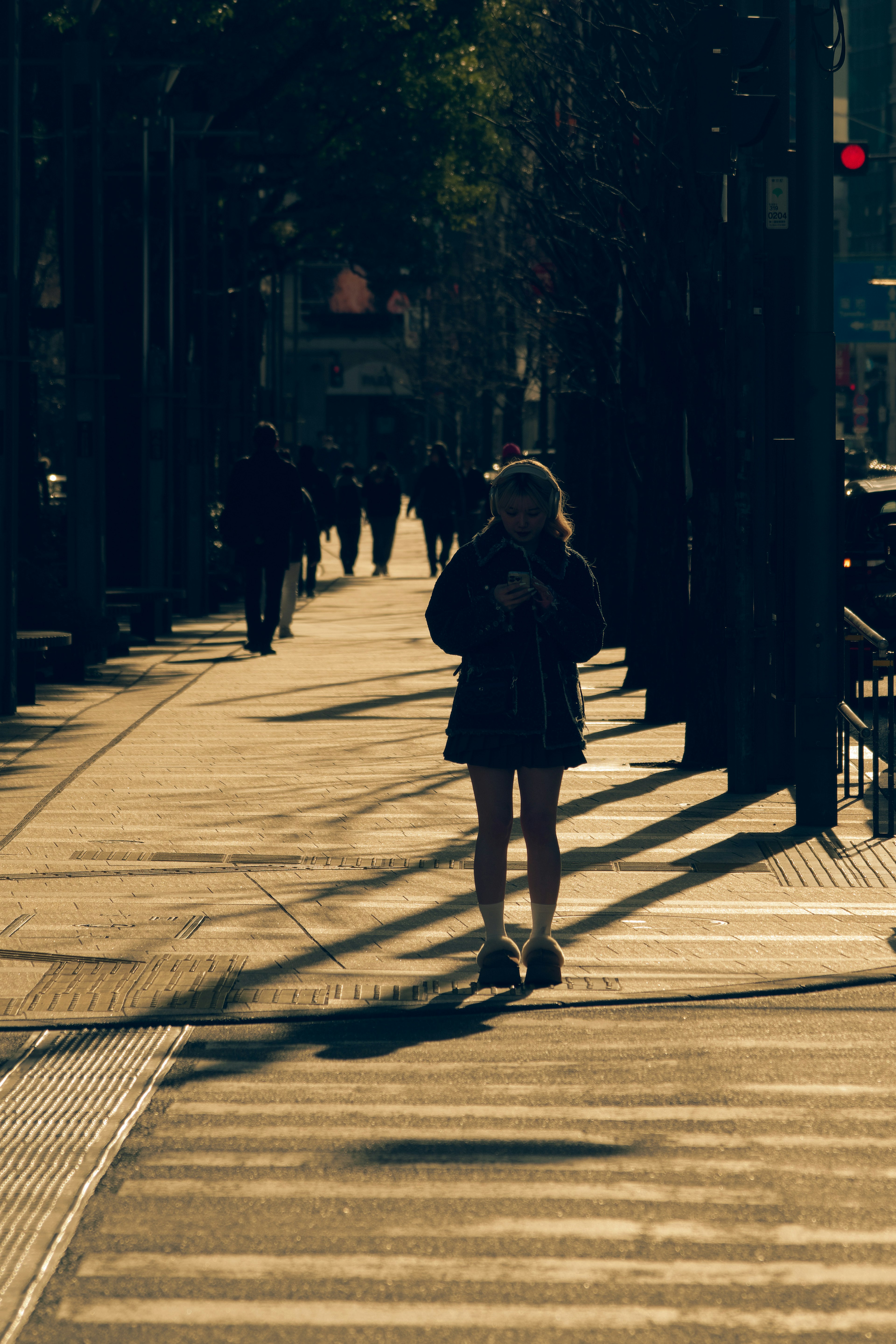 Silhouette di una donna che cammina su un marciapiede illuminato dal sole con altri pedoni