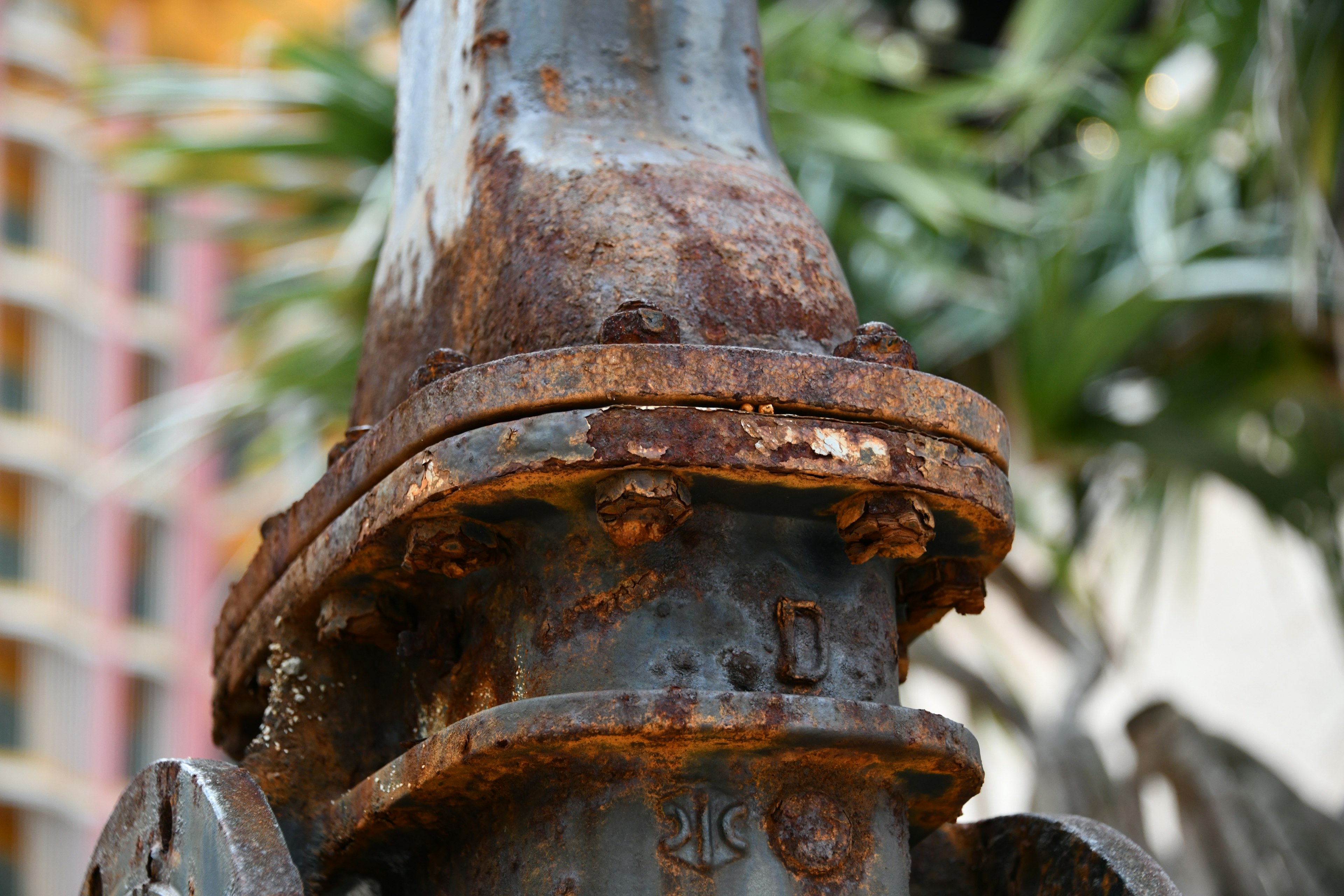 Close-up of a rusty pipe with visible corrosion and greenery in the background