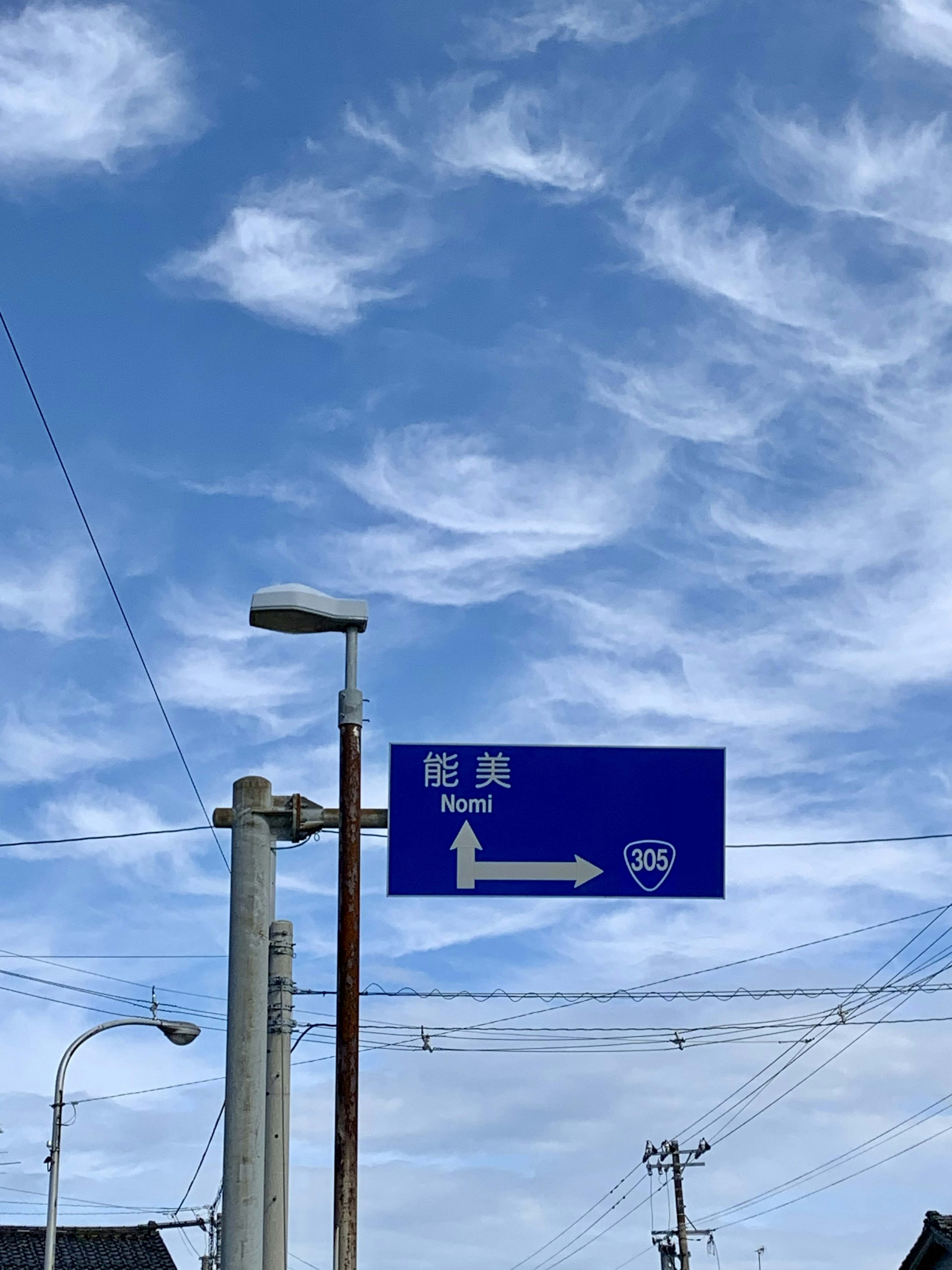 Directional street sign with blue background and street lamp under a clear sky