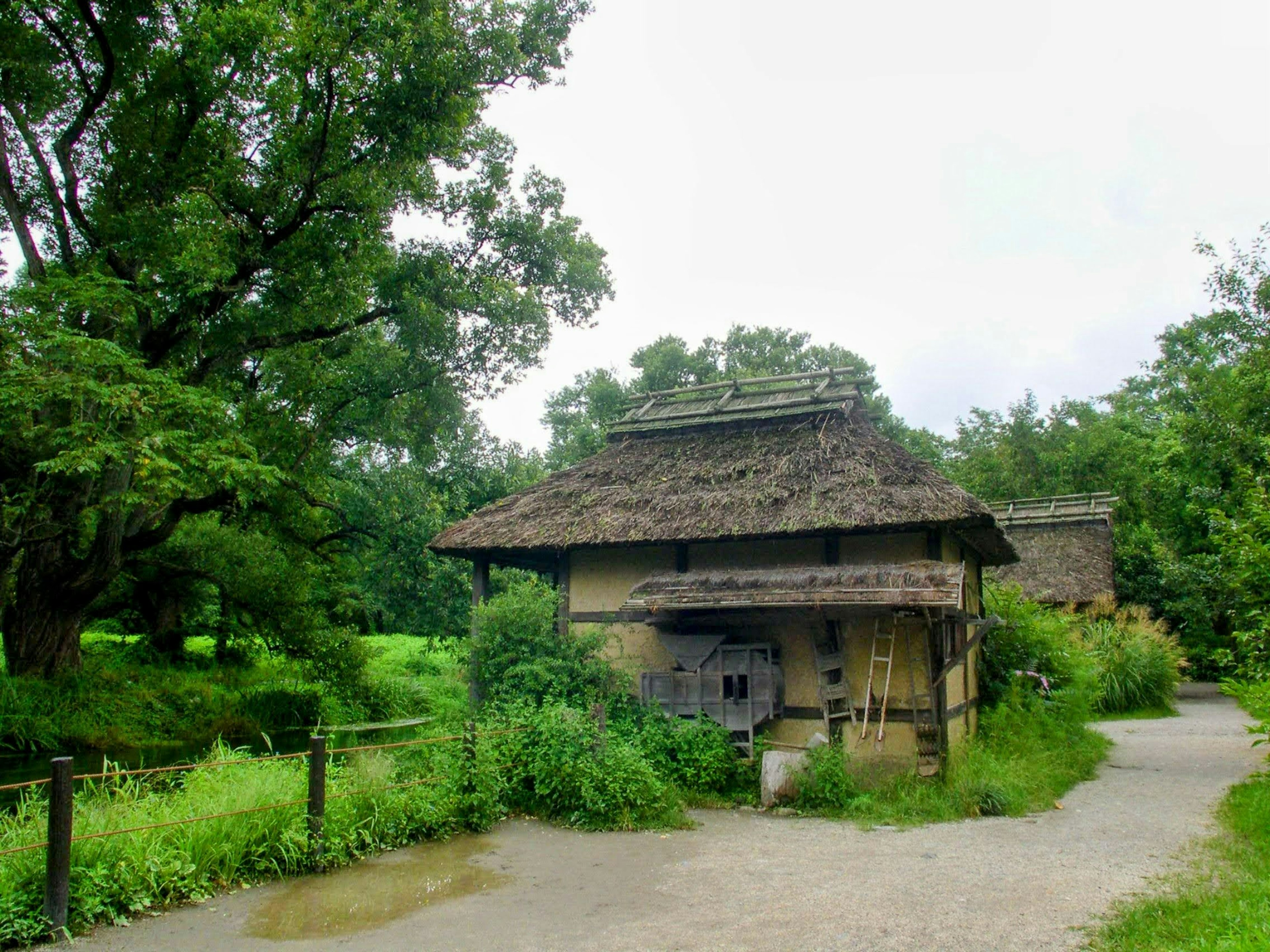 Old thatched-roof house in a lush green landscape