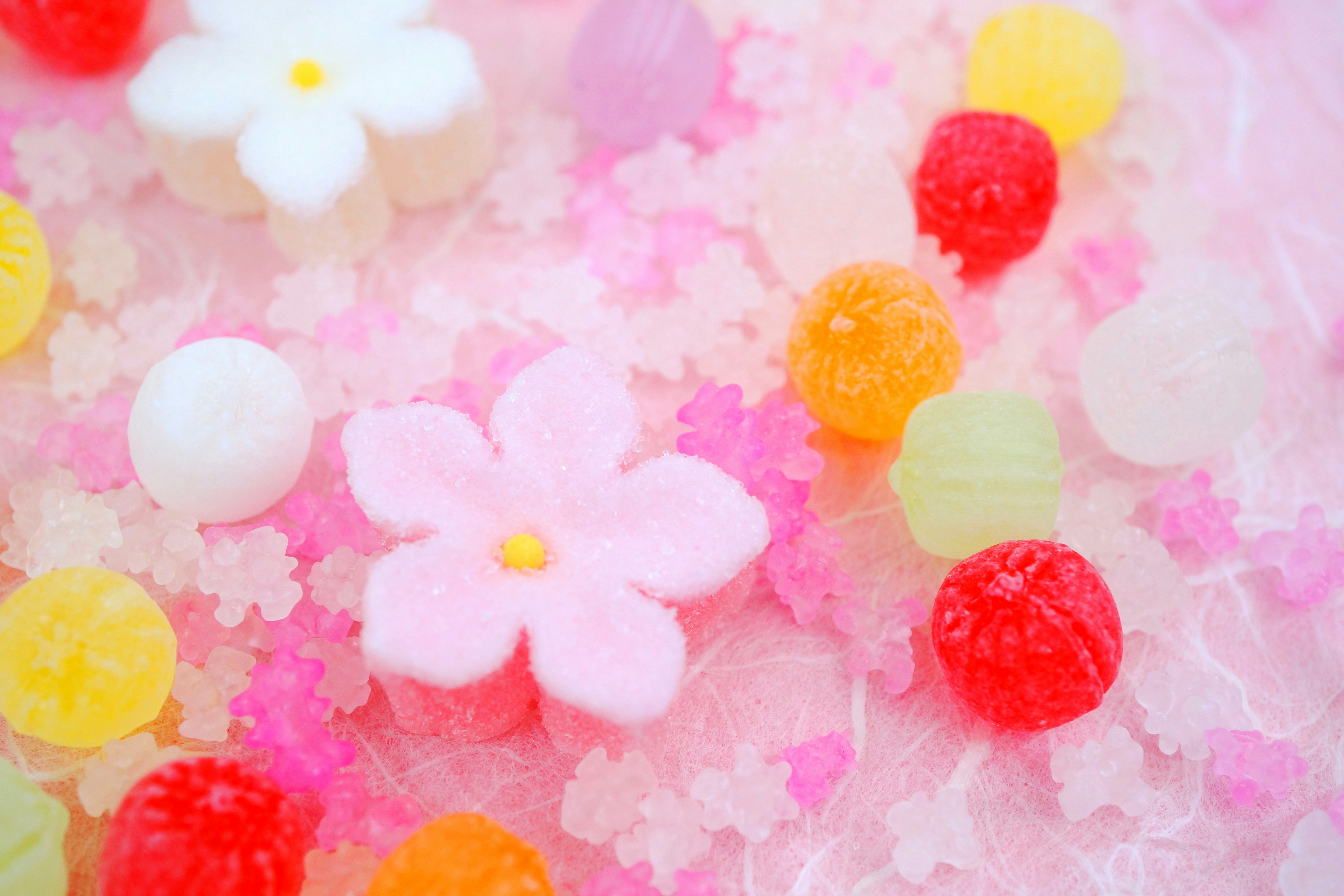 Bonbons colorés et douceurs en forme de fleurs disposés dans un beau dessert