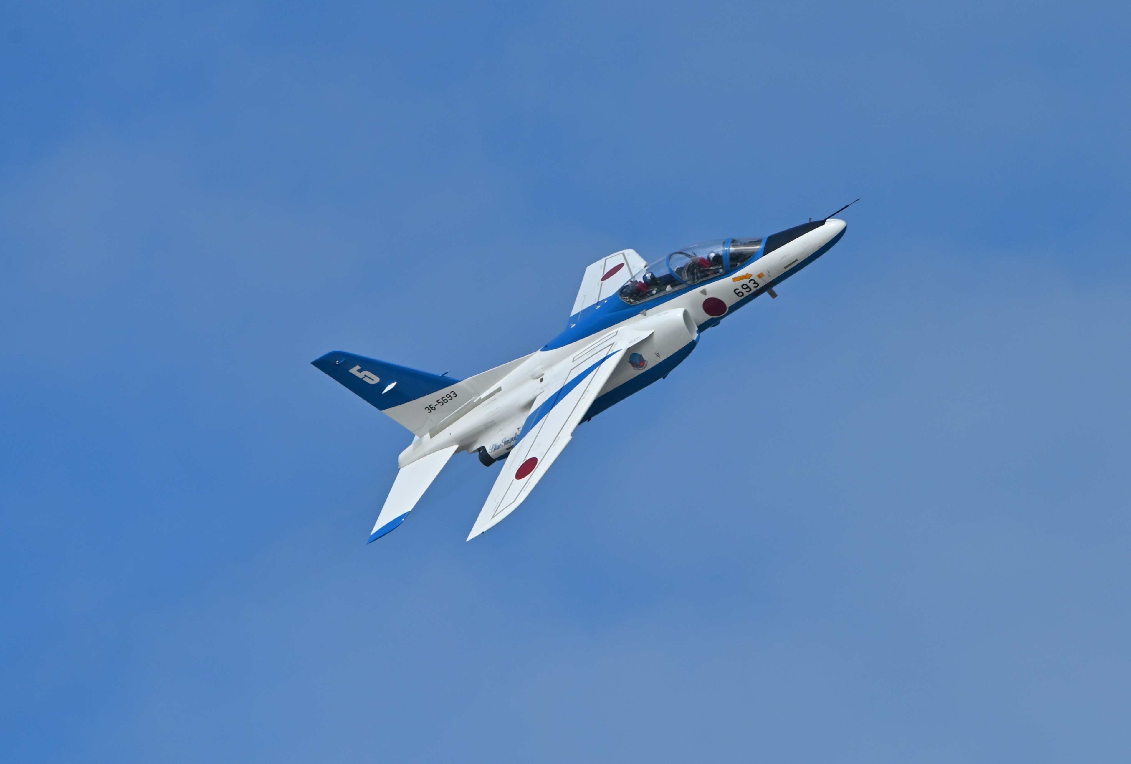 Un jet militar azul y blanco realizando una maniobra en el cielo