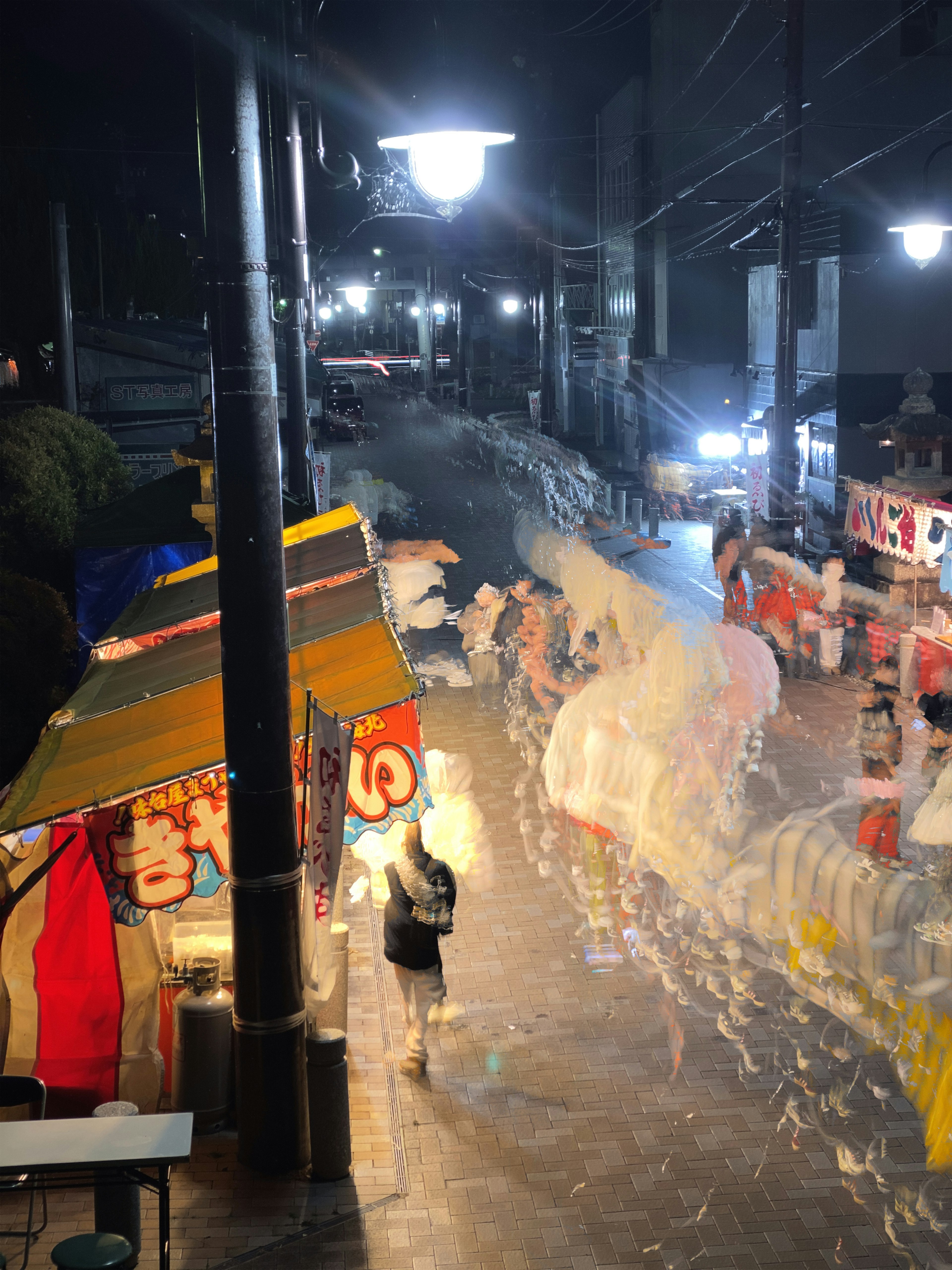 Vibrant night scene of street stalls illuminated by lamps