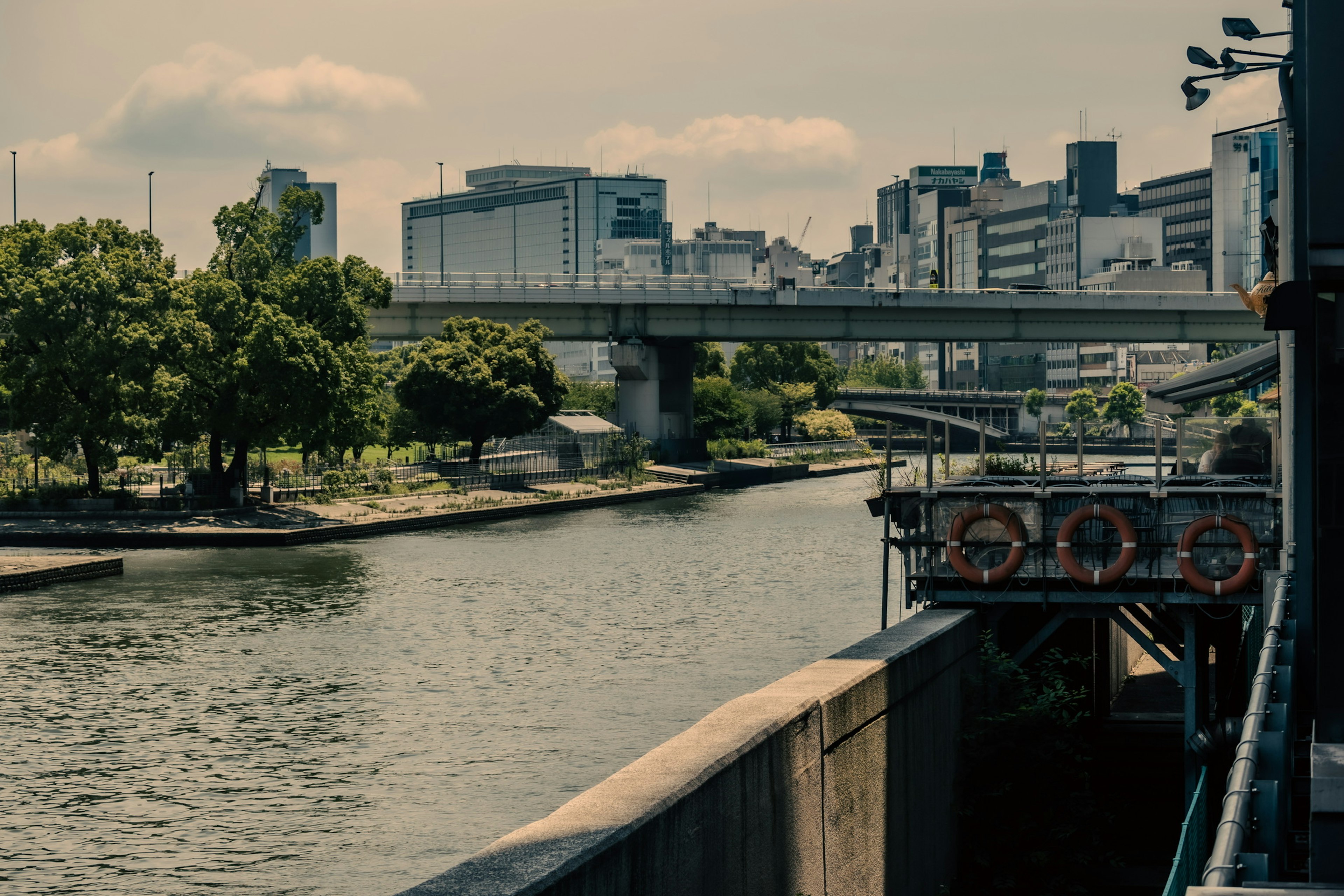 Stadtlandschaft mit einem Fluss und Wolkenkratzern mit einer Brücke und üppigem Grün