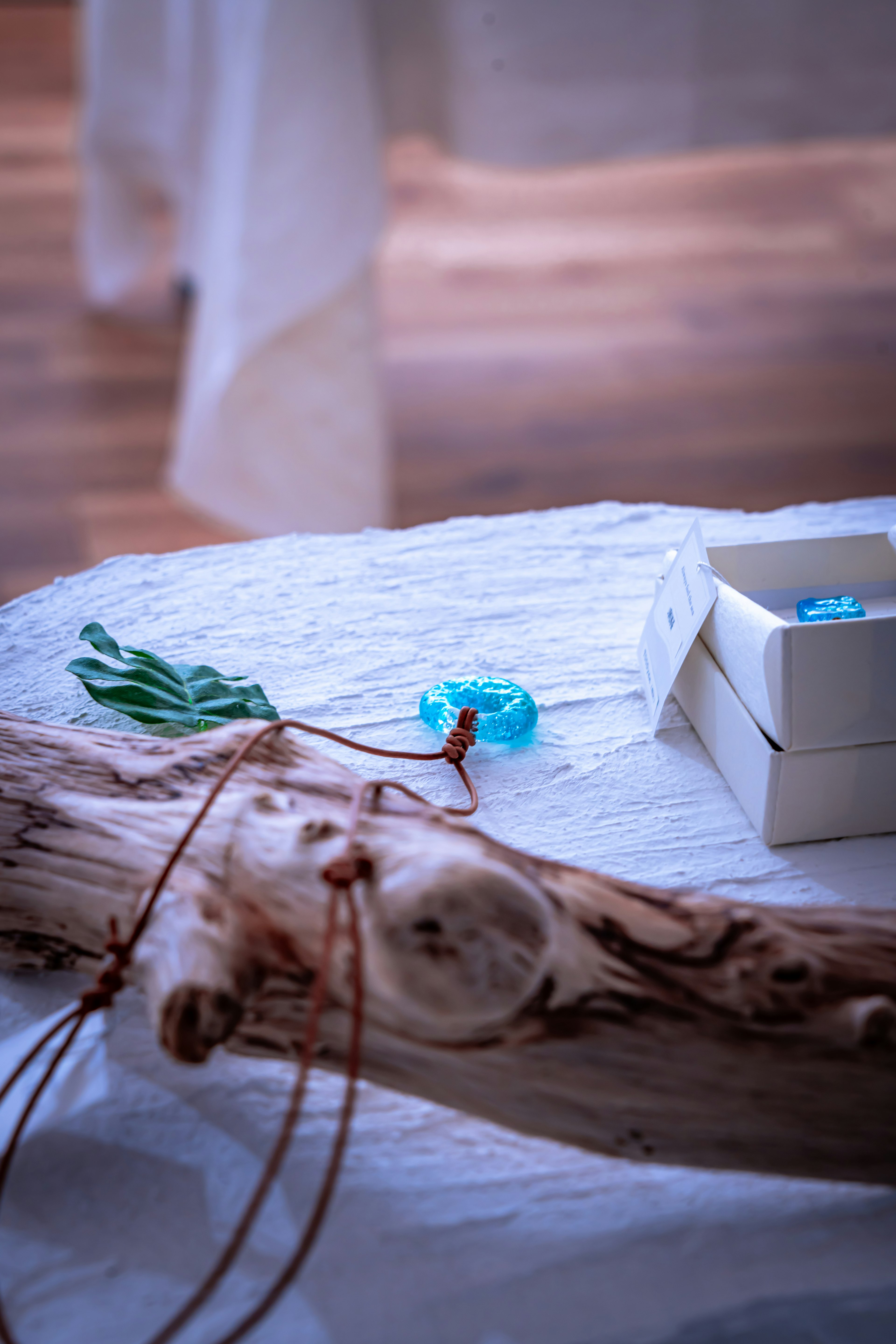 Natural display on a wooden table featuring a blue flower and green leaf