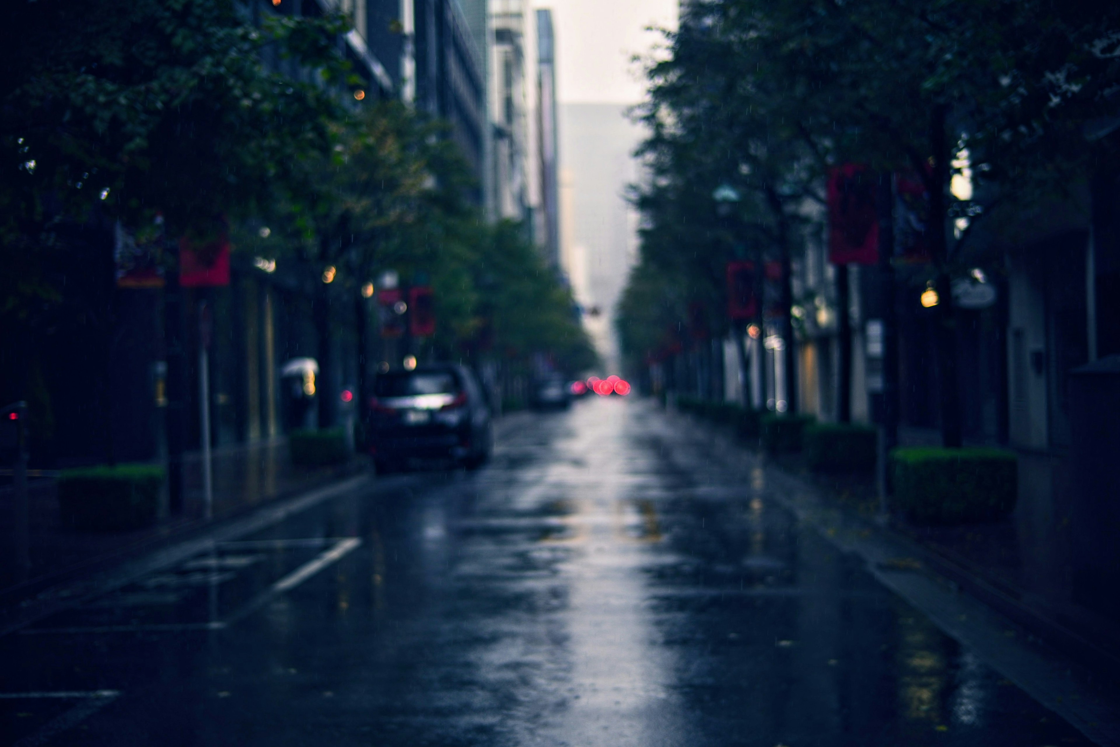 雨に濡れた都市の通りでぼんやりした風景