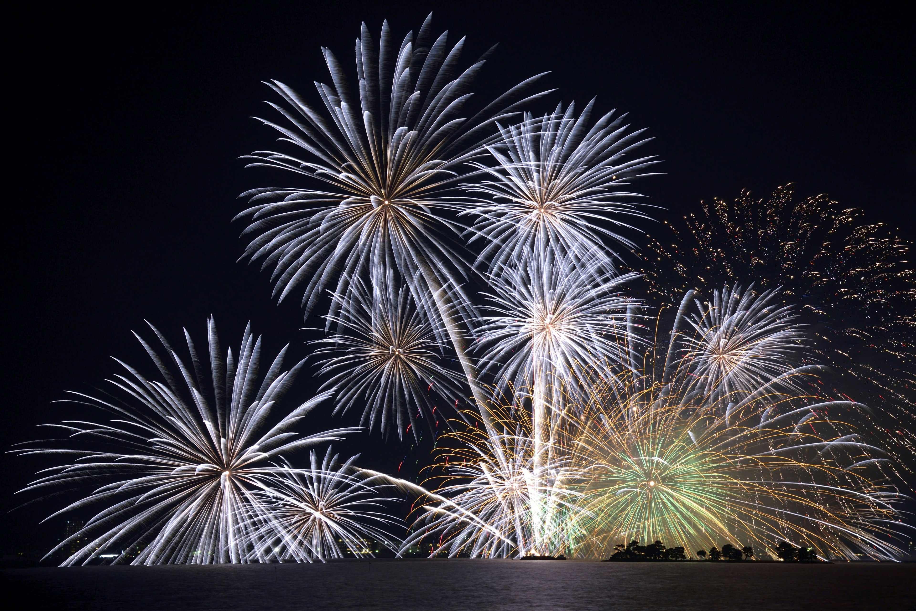 Bellissimo spettacolo di fuochi d'artificio bianchi e verdi nel cielo notturno