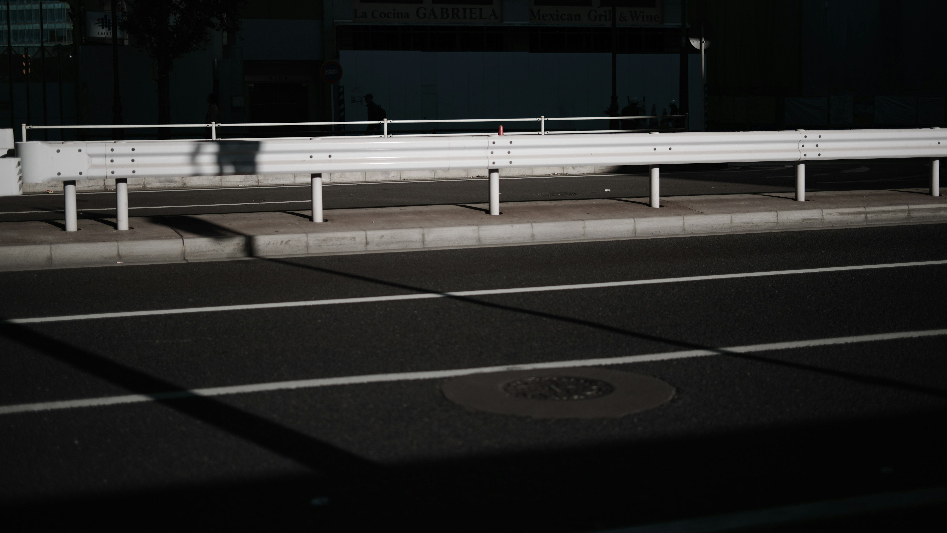 Strada scura con guardrail bianco e ombre