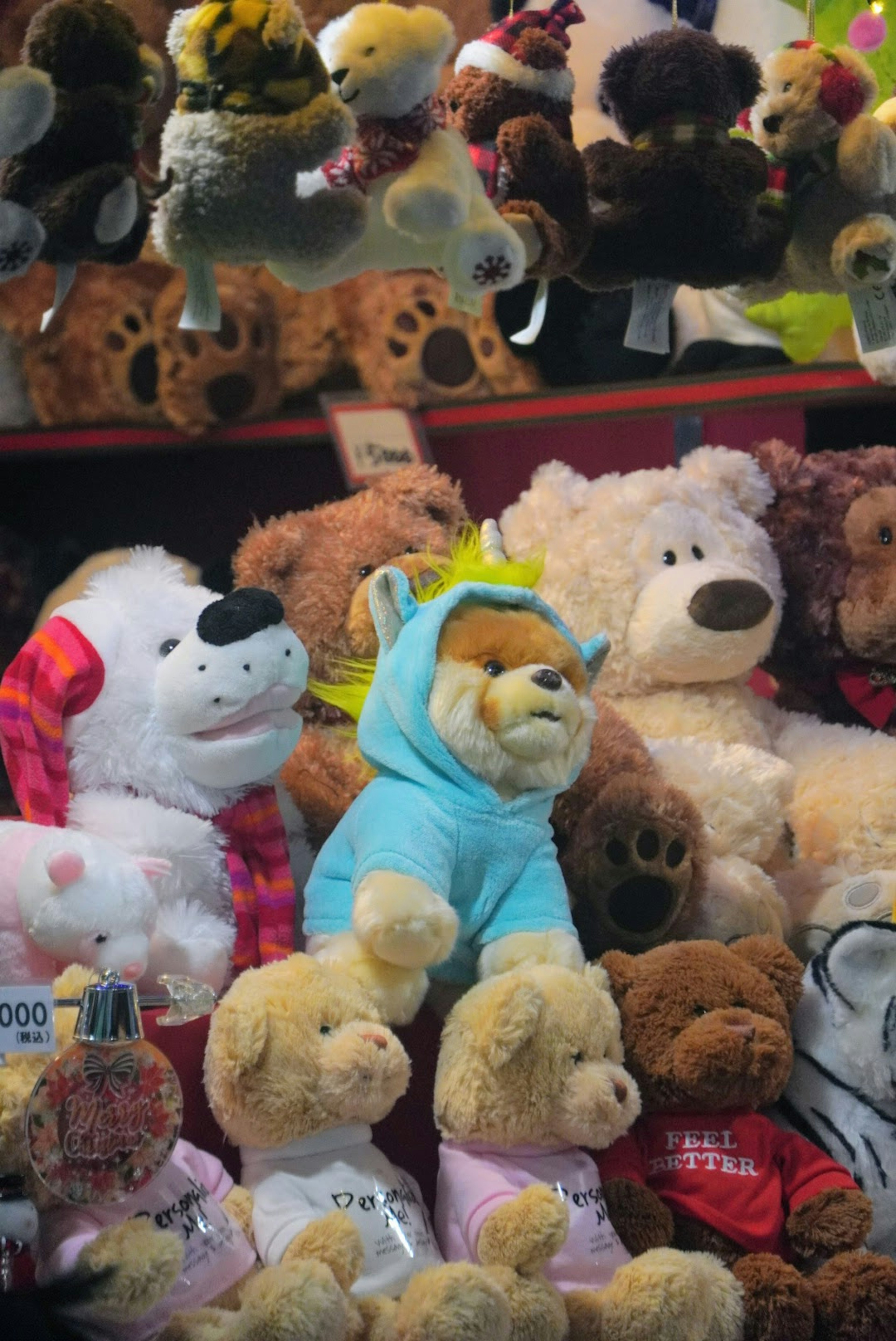 Close-up of colorful stuffed animals displayed in a store window