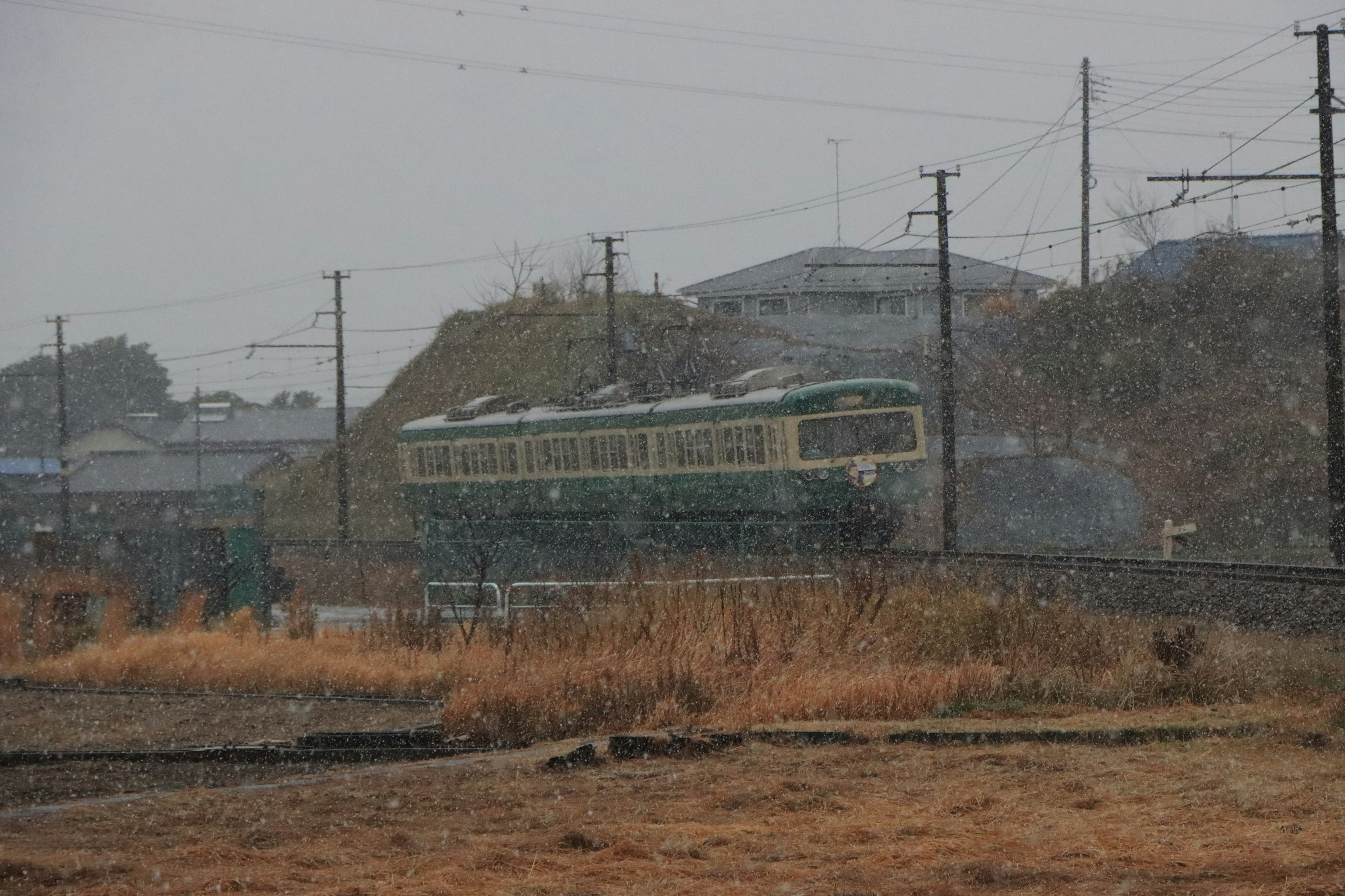 Green train traveling in the rain with surrounding landscape