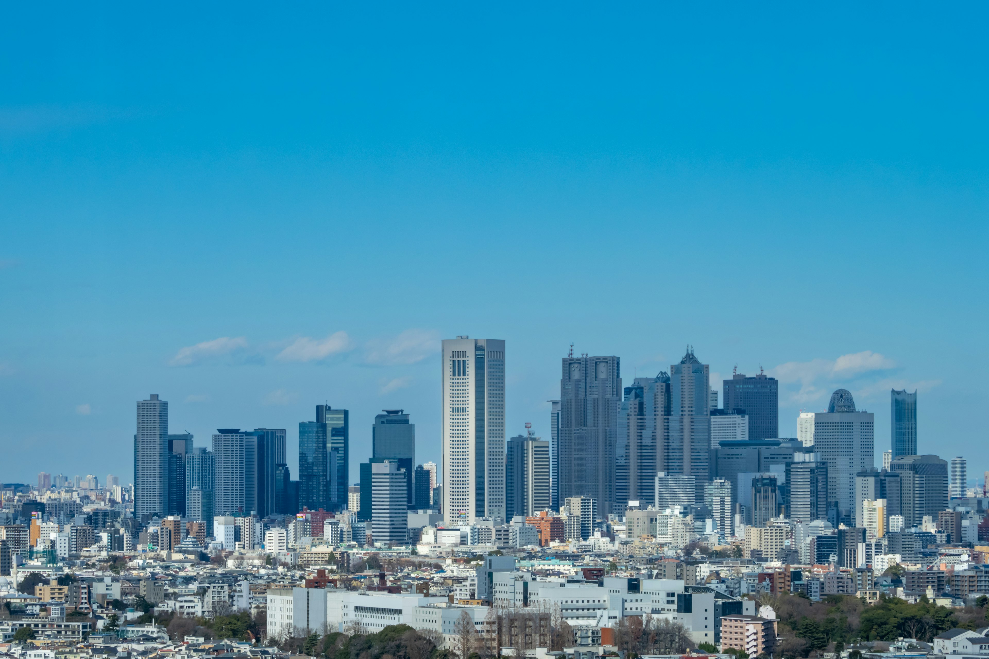 Skyline di una città con grattacieli sotto un cielo blu