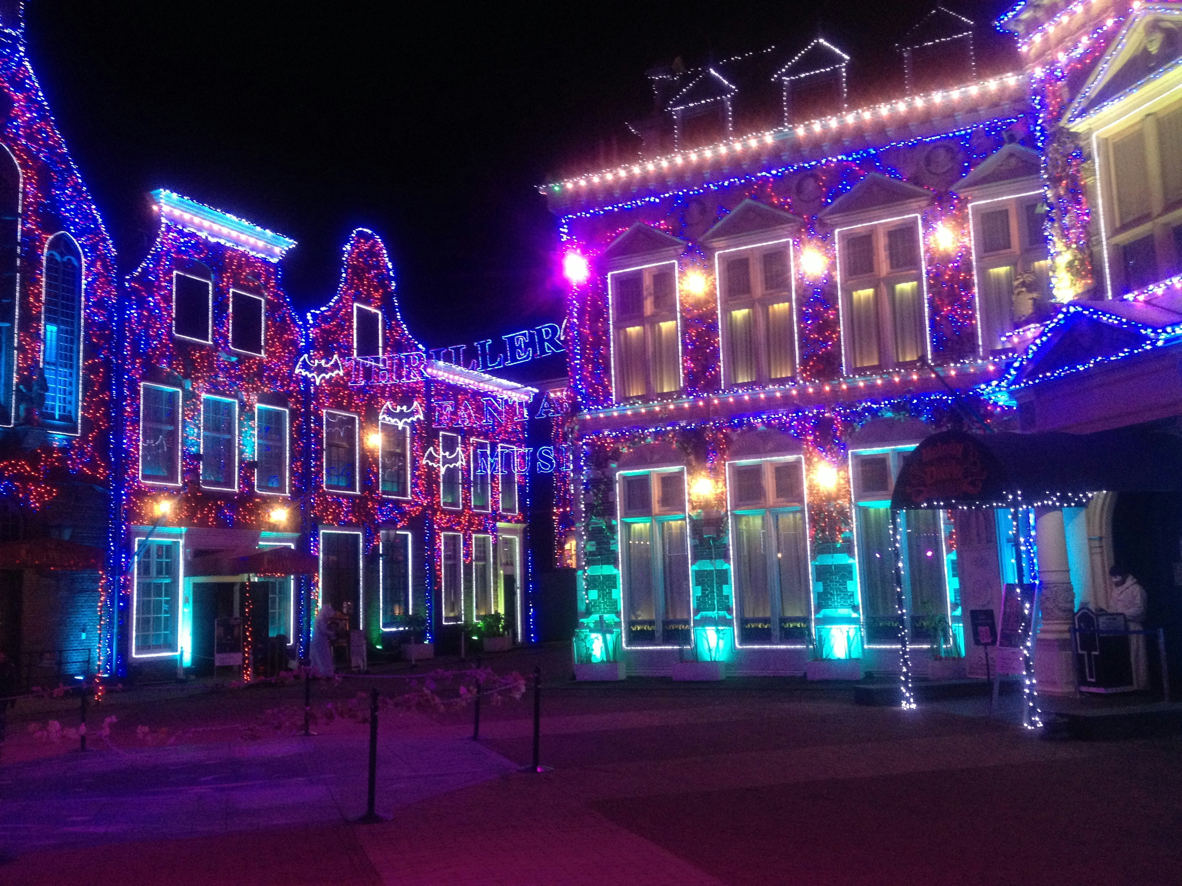 Colorful illuminated buildings in a night scene