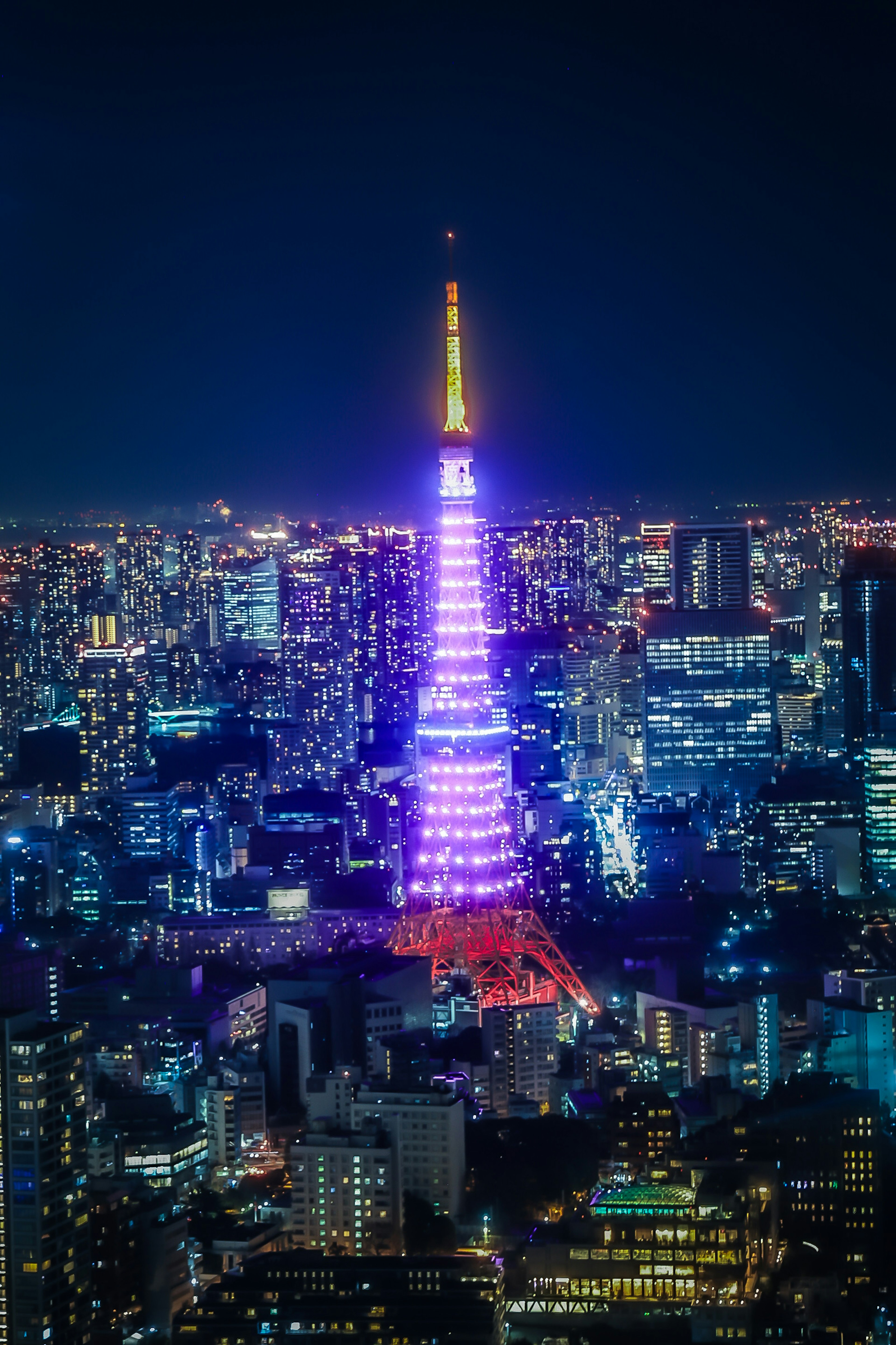 Menara Tokyo yang diterangi dengan lampu warna-warni di malam hari