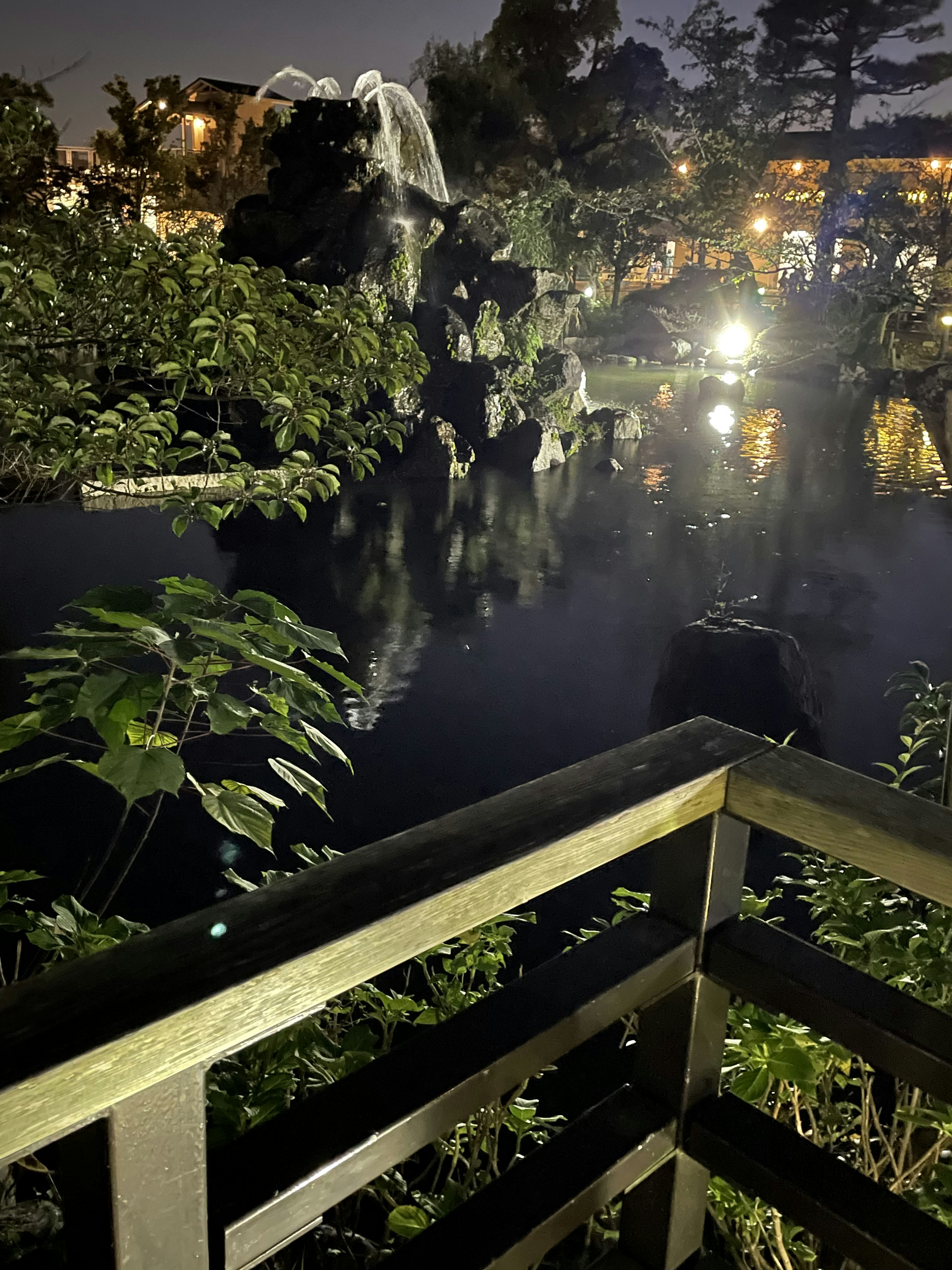 Vista notturna di uno stagno con un ponte che conduce a una cascata e vegetazione lussureggiante che si riflette sull'acqua