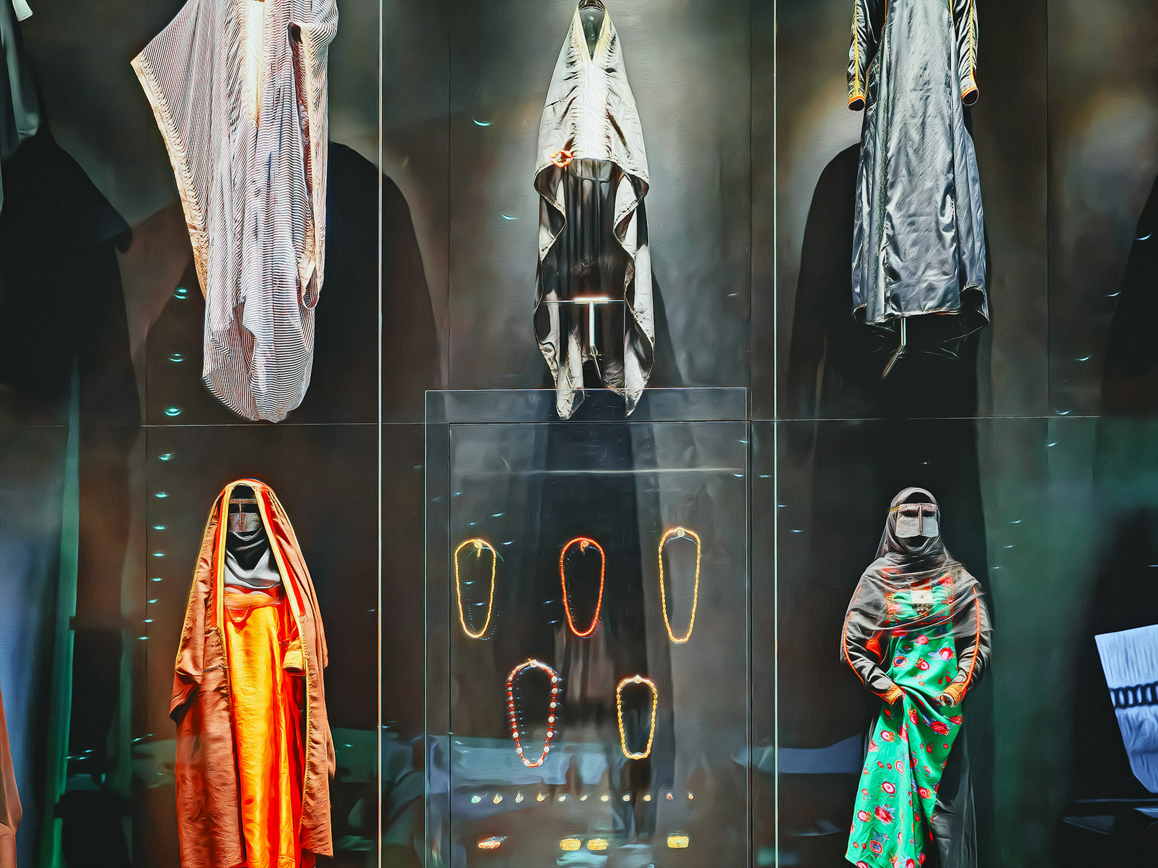 Display of traditional garments and jewelry in a museum setting