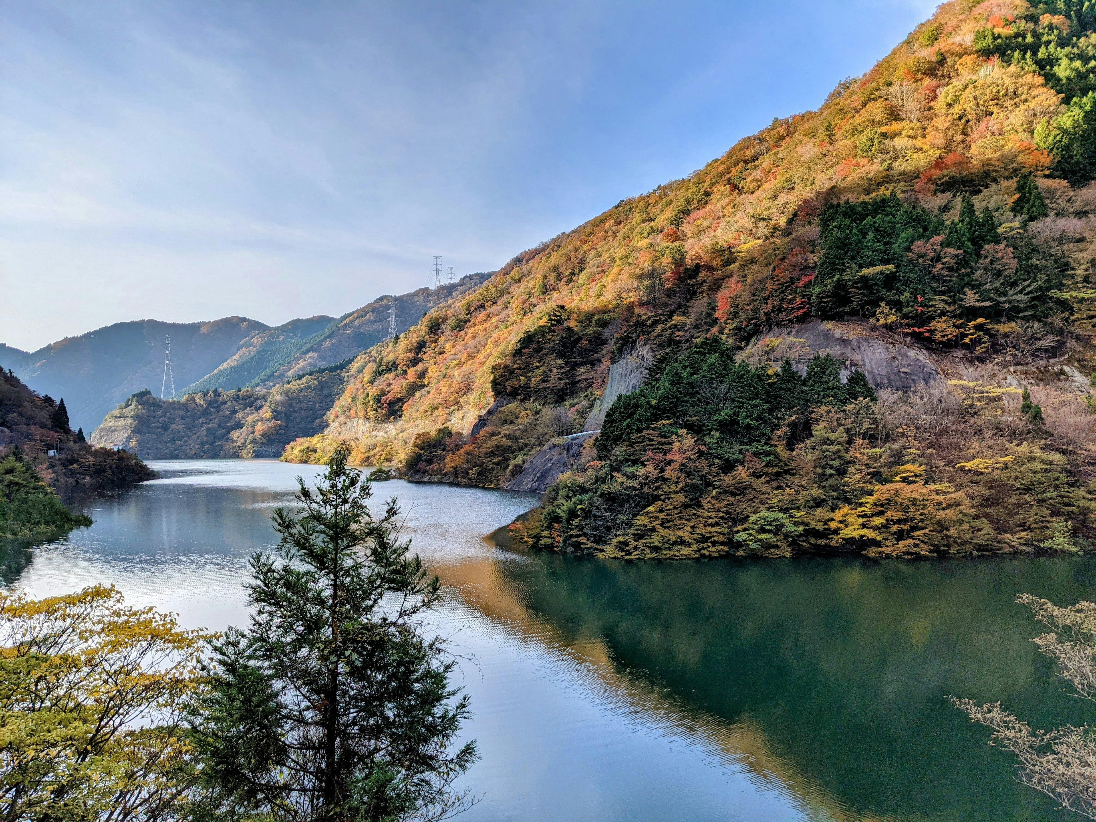 Serene lake surrounded by mountains in autumn colors