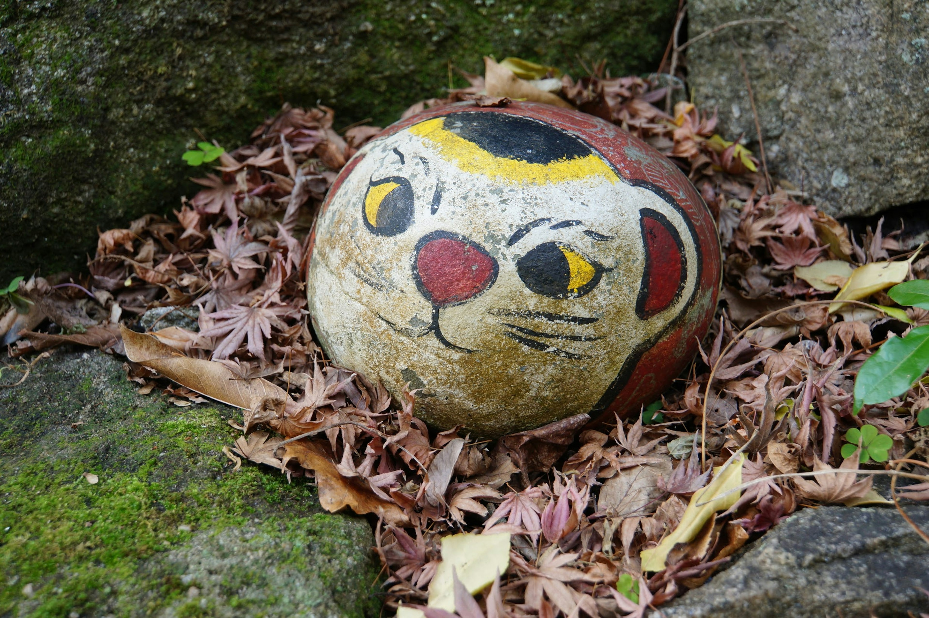 A painted stone resembling a cat face surrounded by autumn leaves