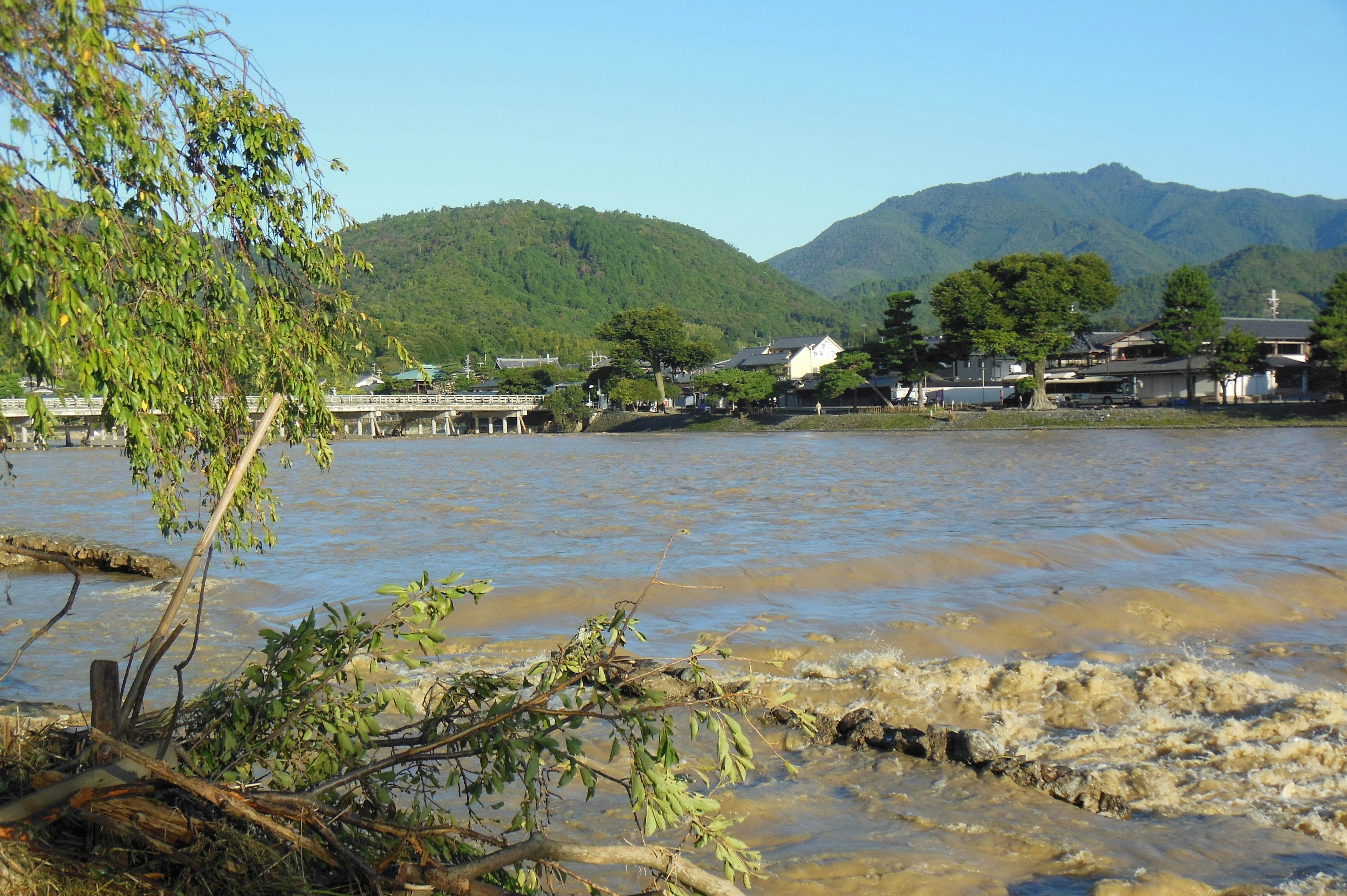 Calm river landscape with lush green mountains in the background