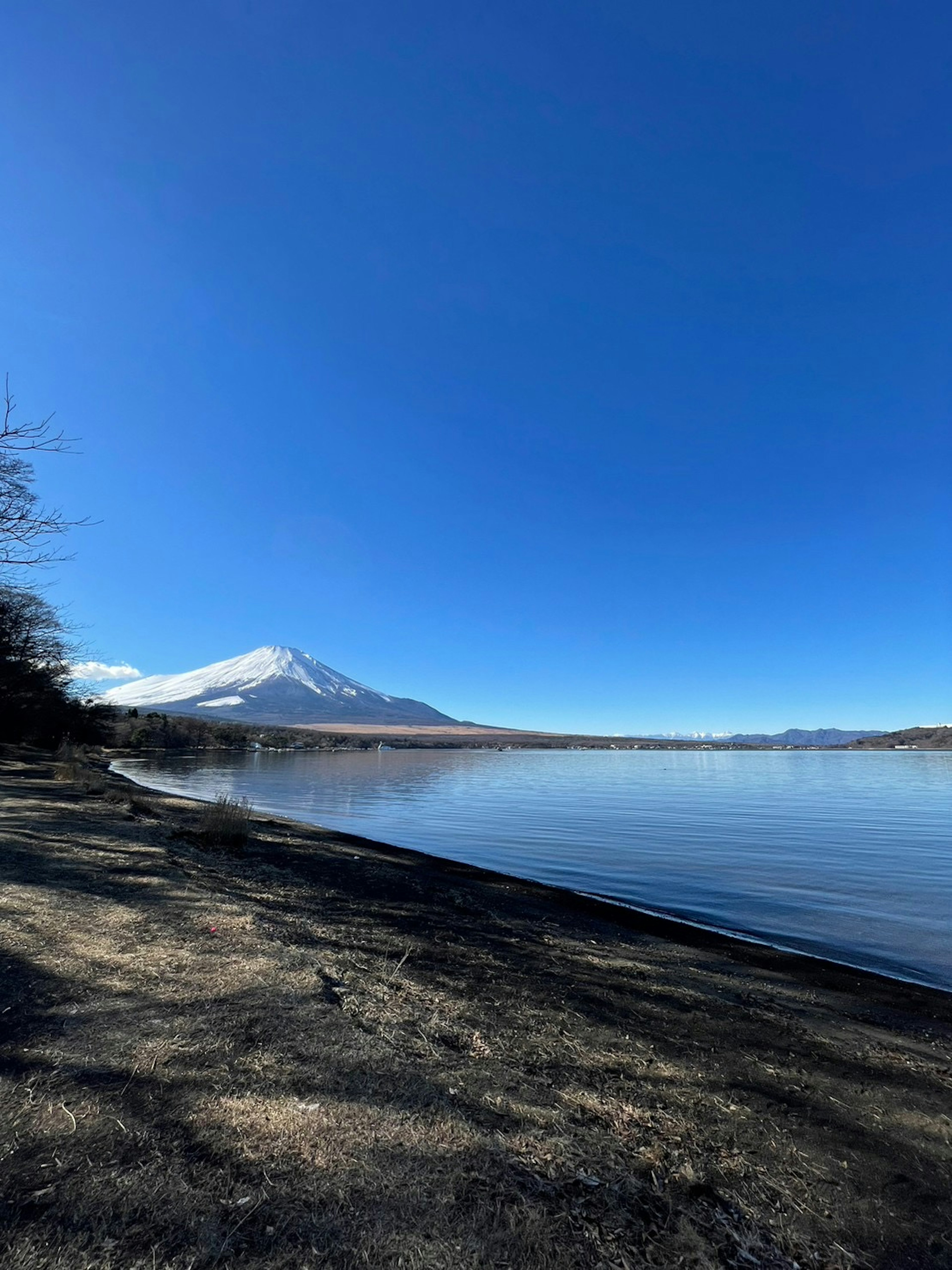 青い空と穏やかな湖の風景 富士山が遠くに見える