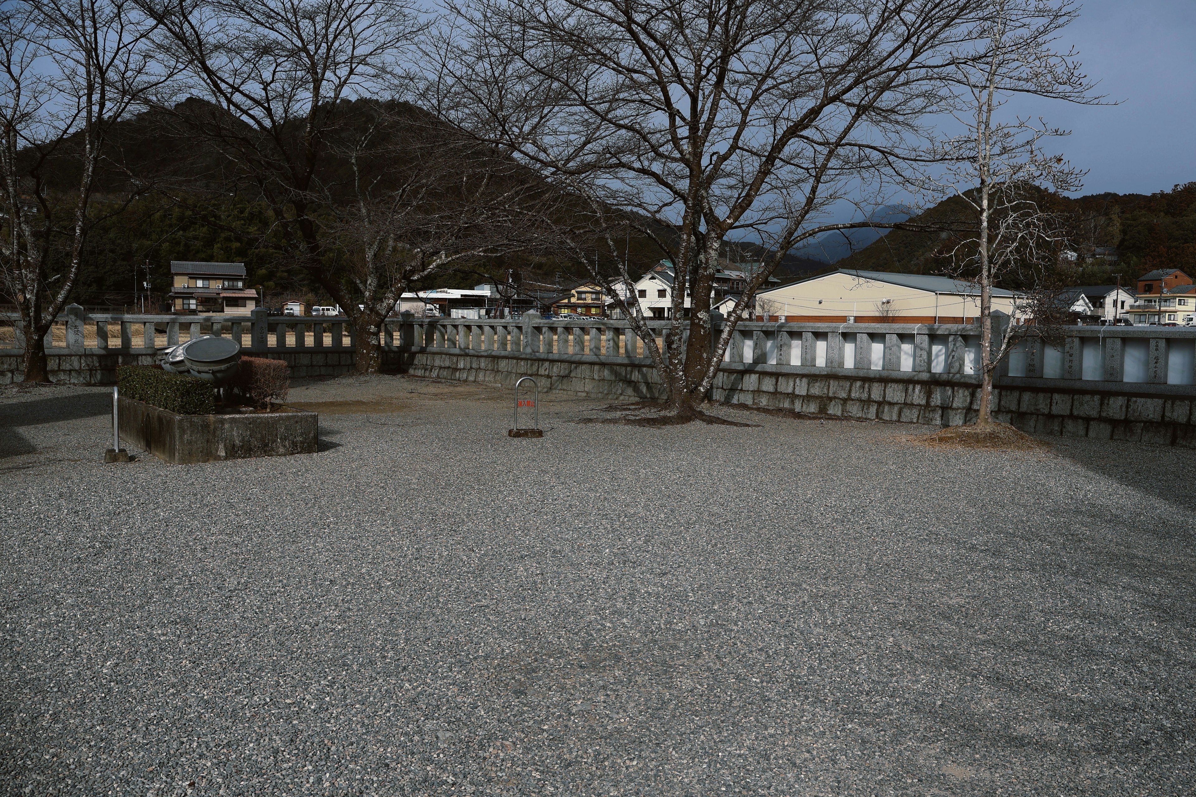 Gravel-covered area with bare trees and distant mountains