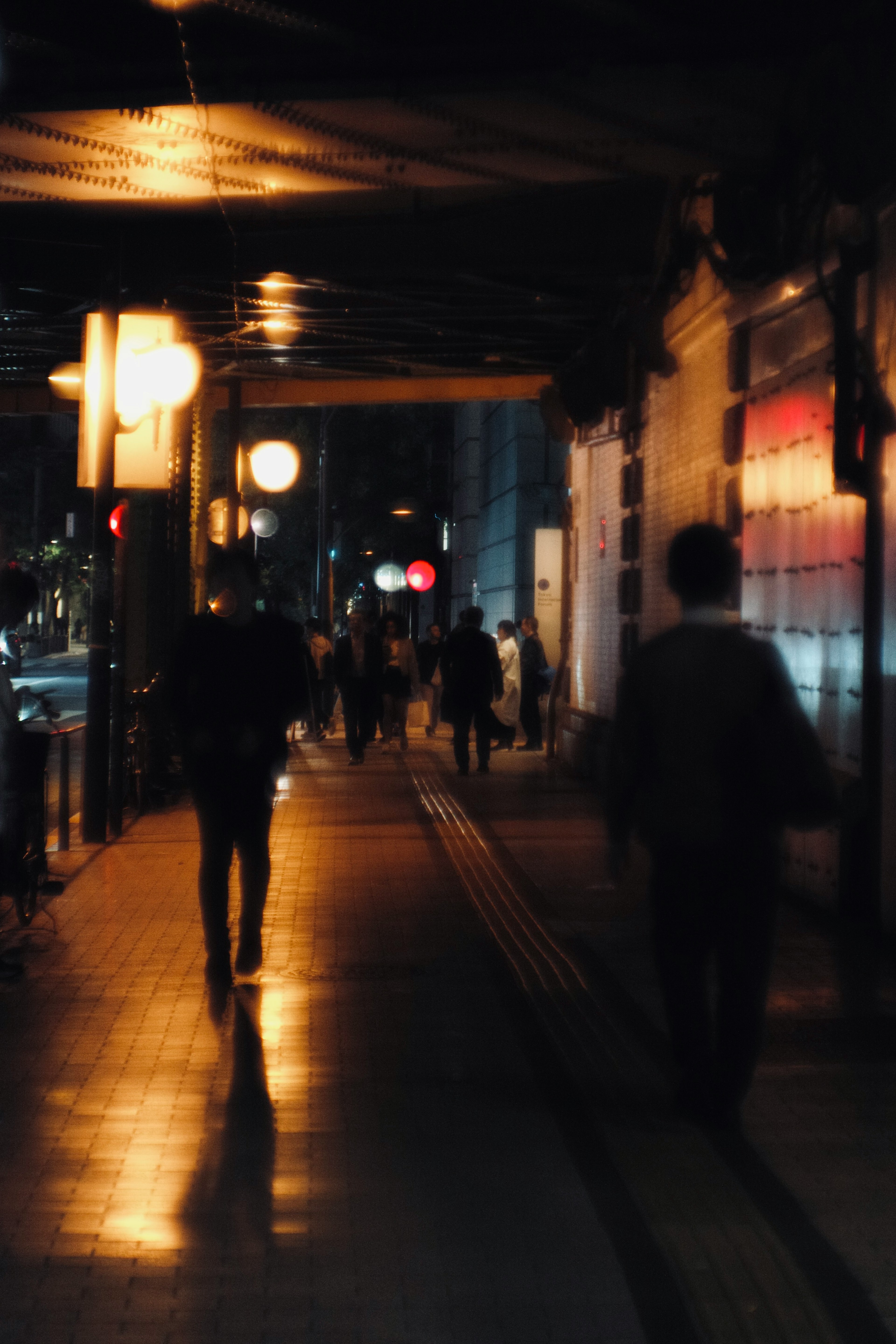 夜の街道を歩く人々と街灯の明かりが映る