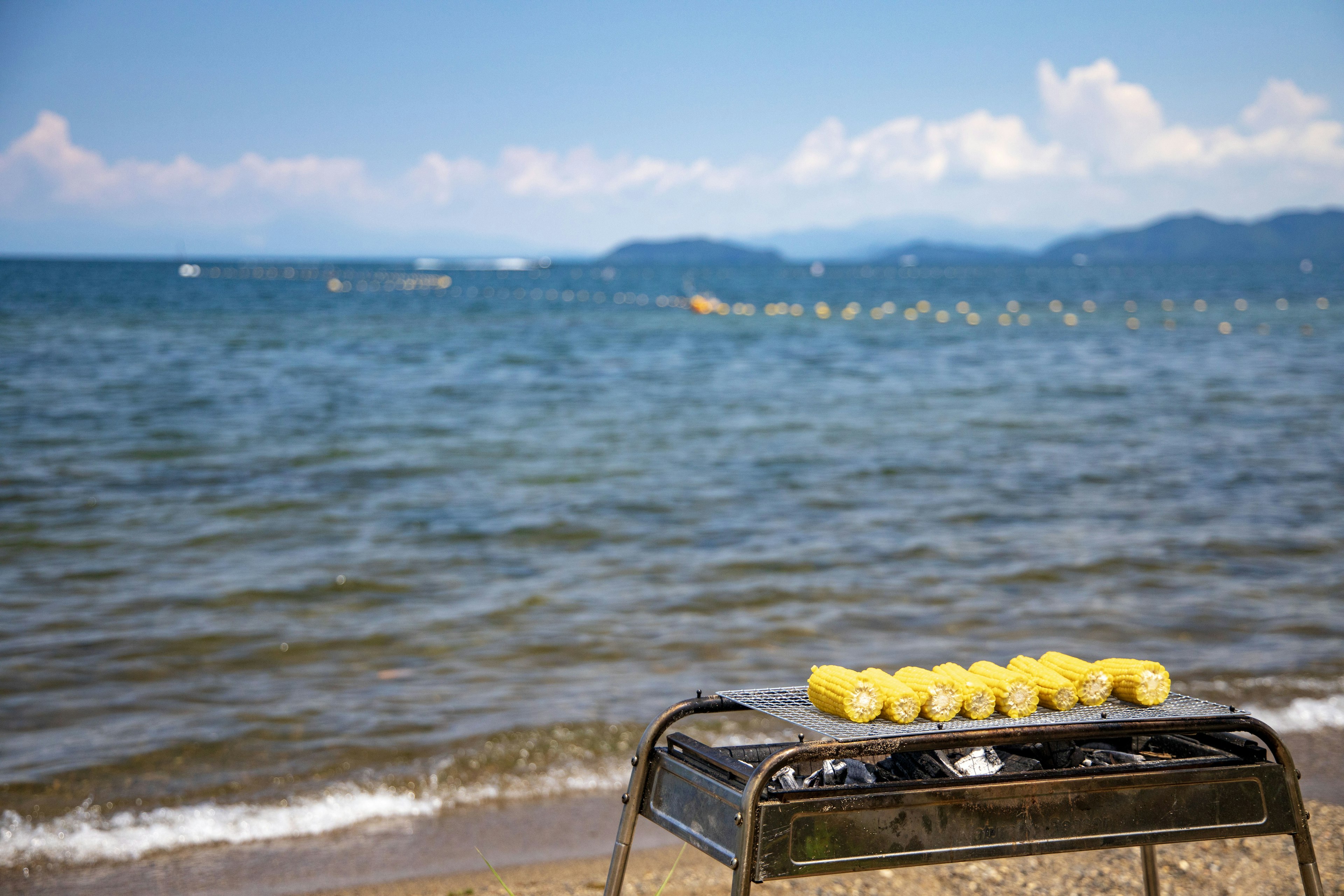 Parrilla de barbacoa con alimentos amarillos cerca de la playa