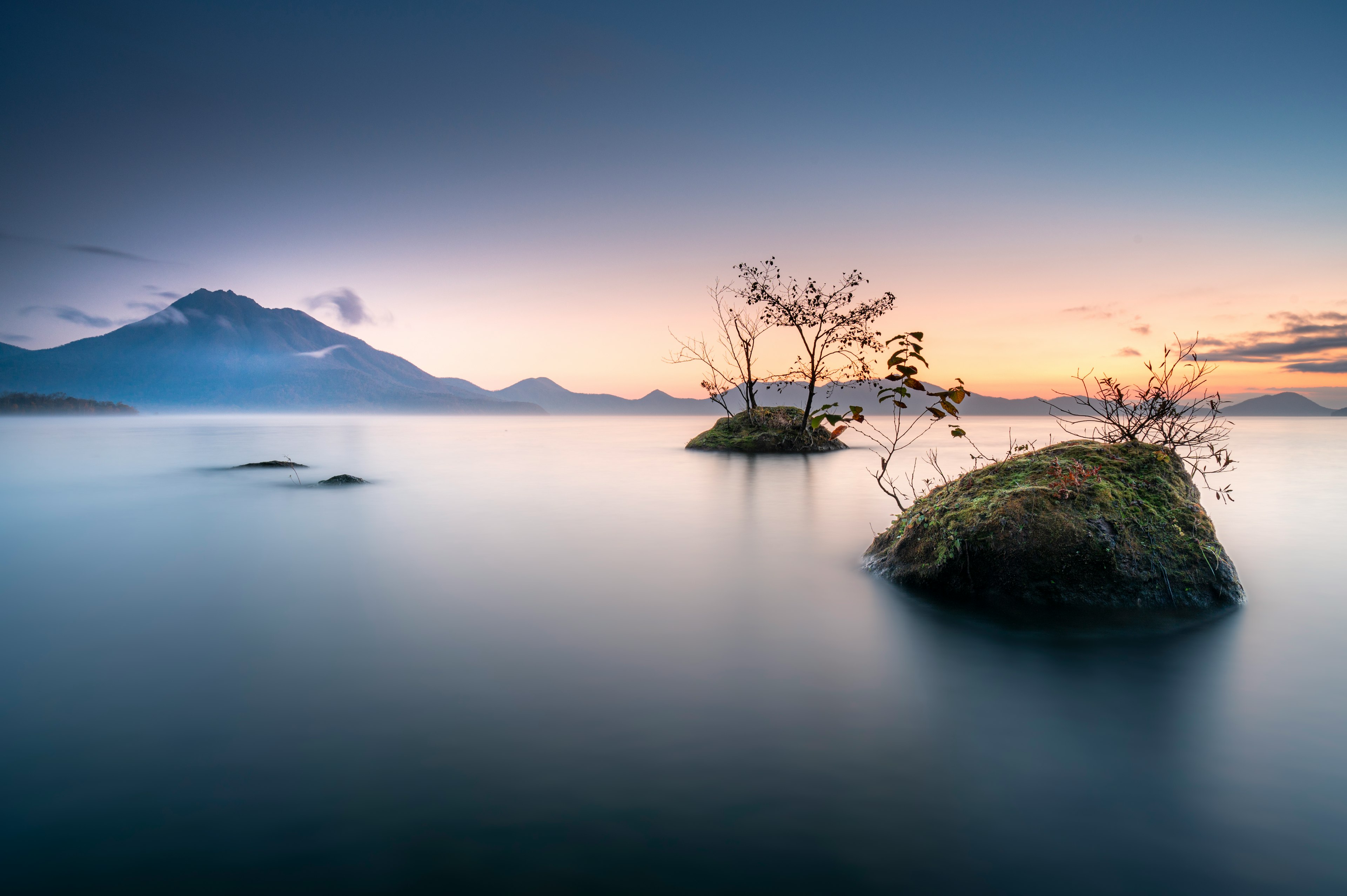 穏やかな湖と小さな島に生える木々の風景 夕方の柔らかな光が反射する