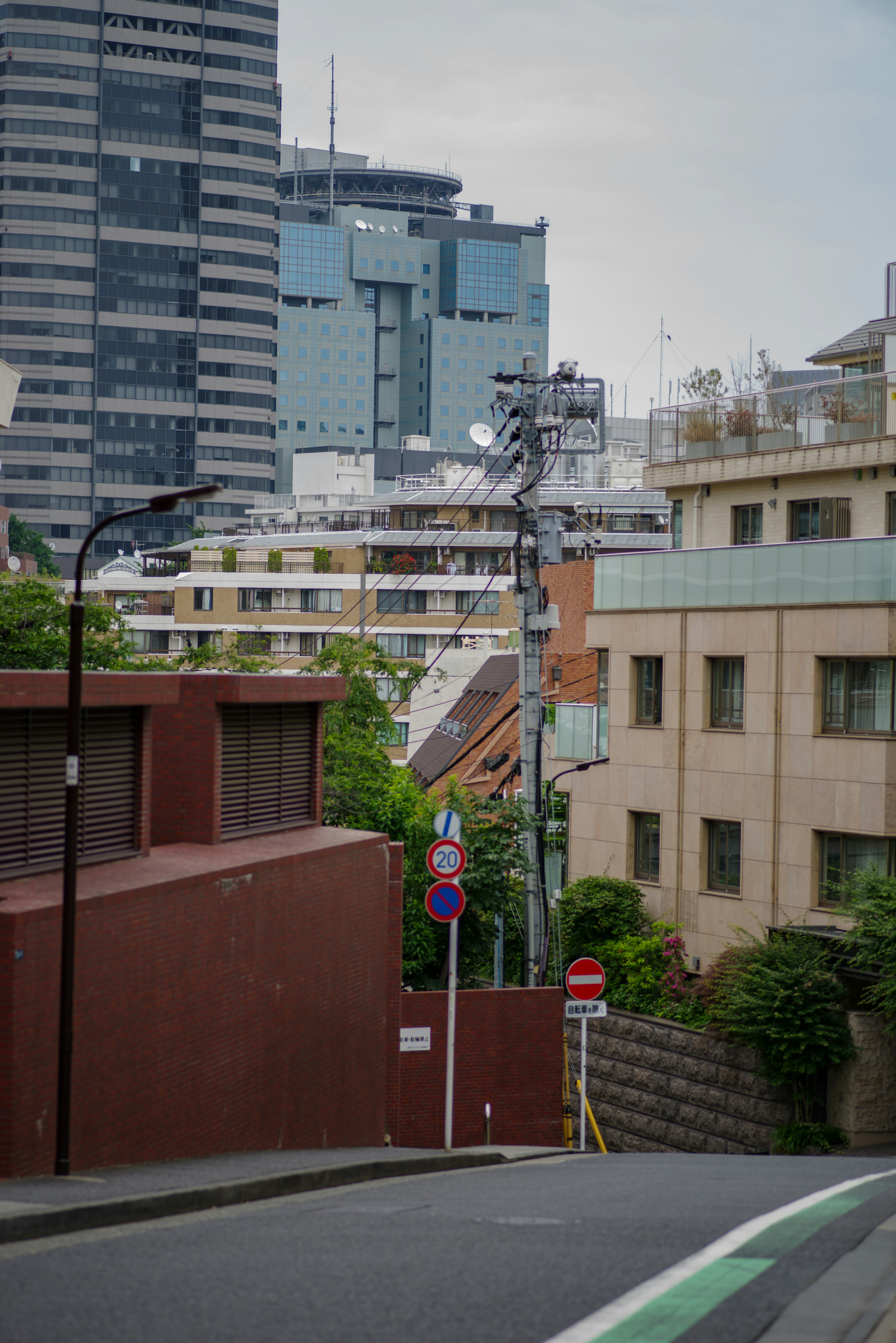 東京の街並みとビル群の景色、緑豊かな道、近代的な建物と伝統的な建物が混在