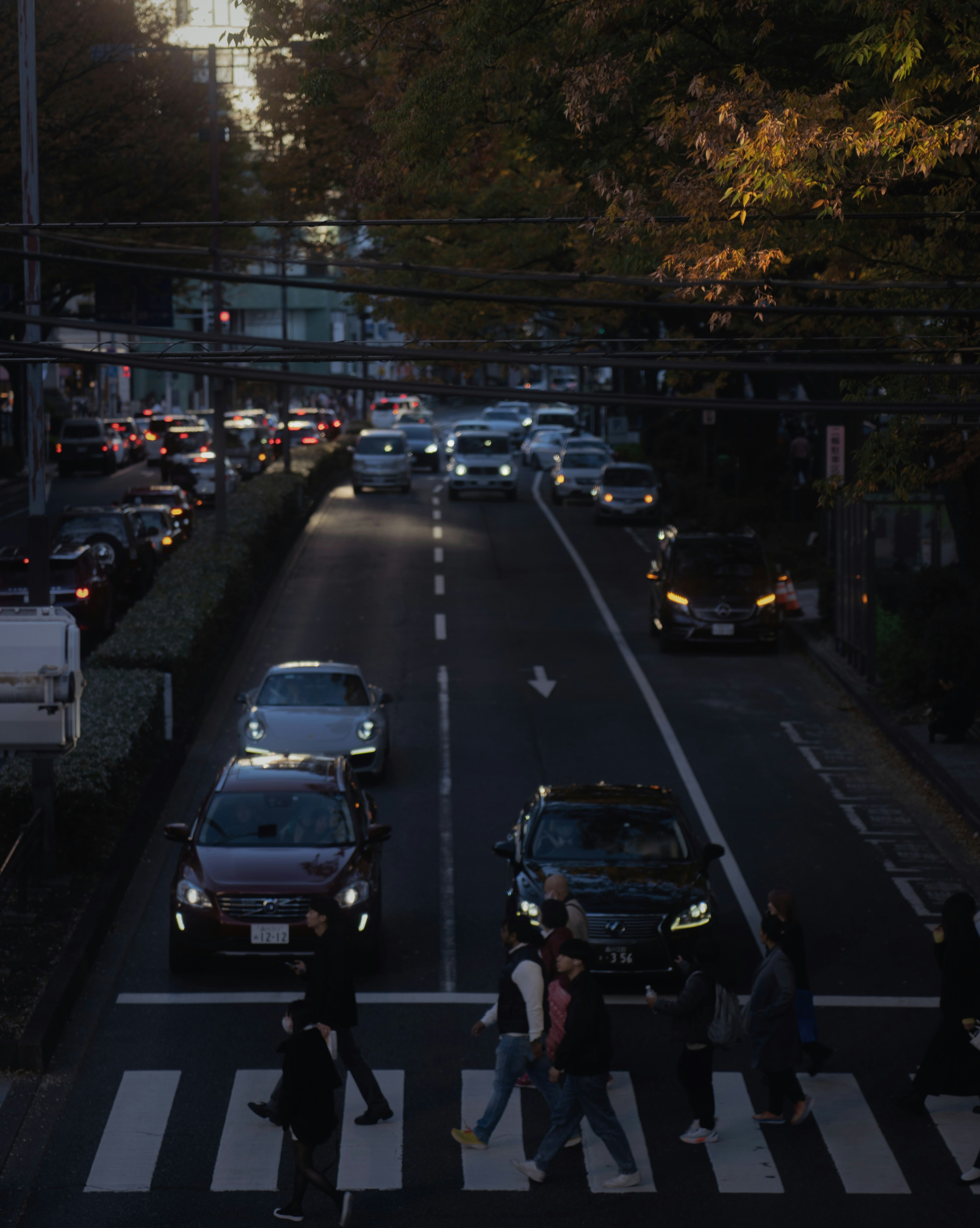 People crossing the street at dusk with passing cars