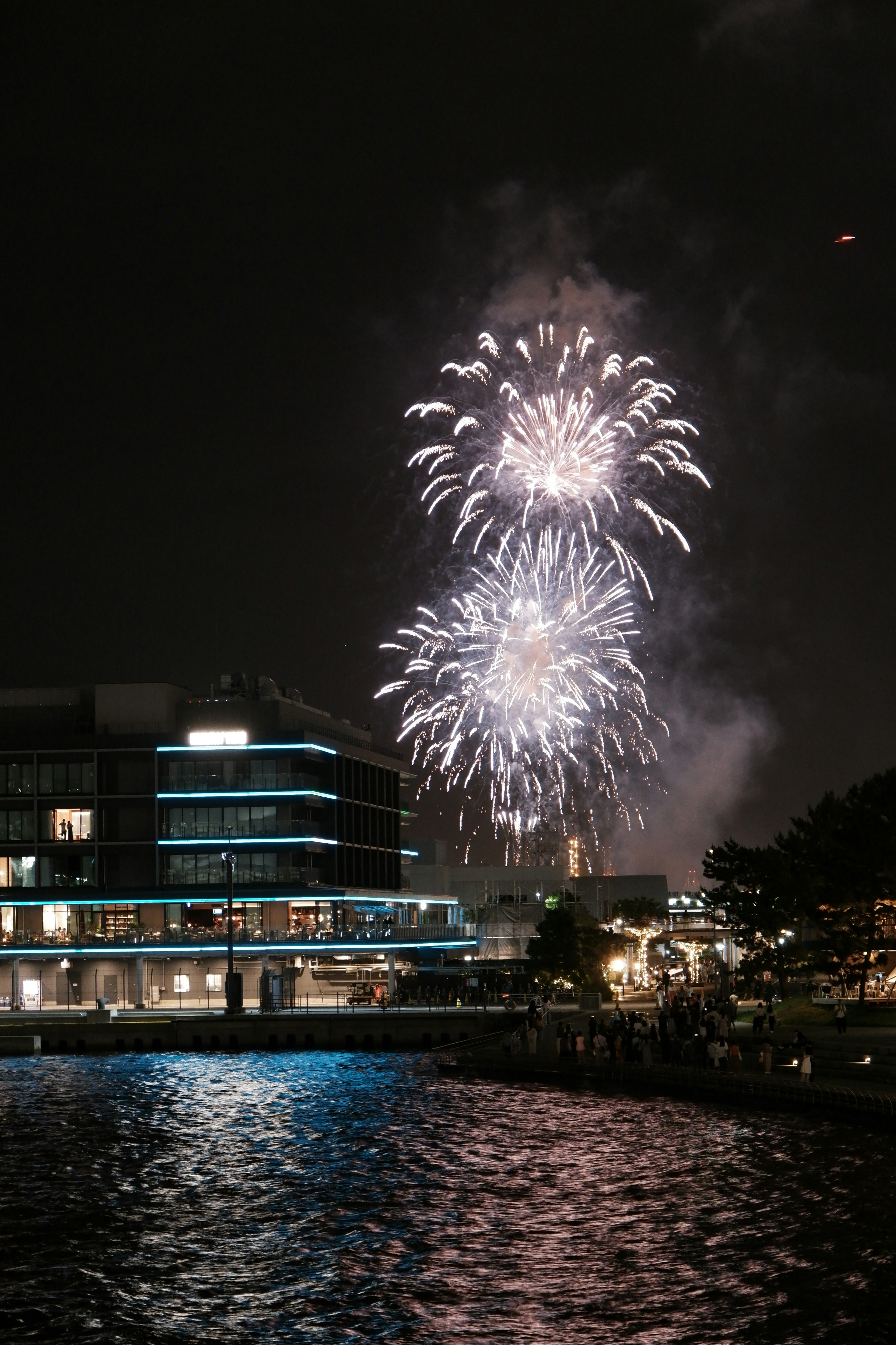 夜空に打ち上げられる花火と水面の反射が美しい