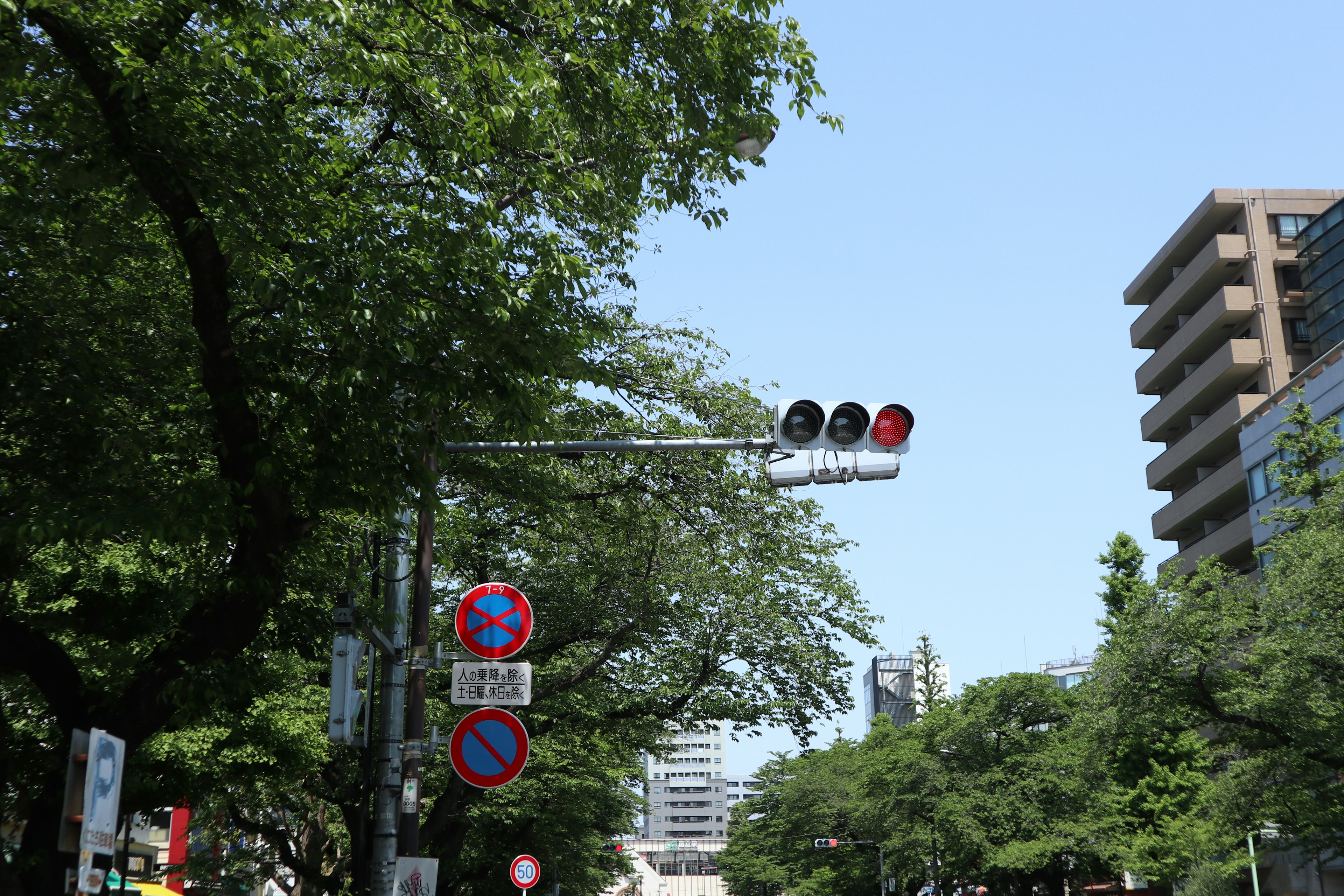 ทิวทัศน์ถนนที่มีสัญญาณไฟจราจรสีเขียวและสีแดง