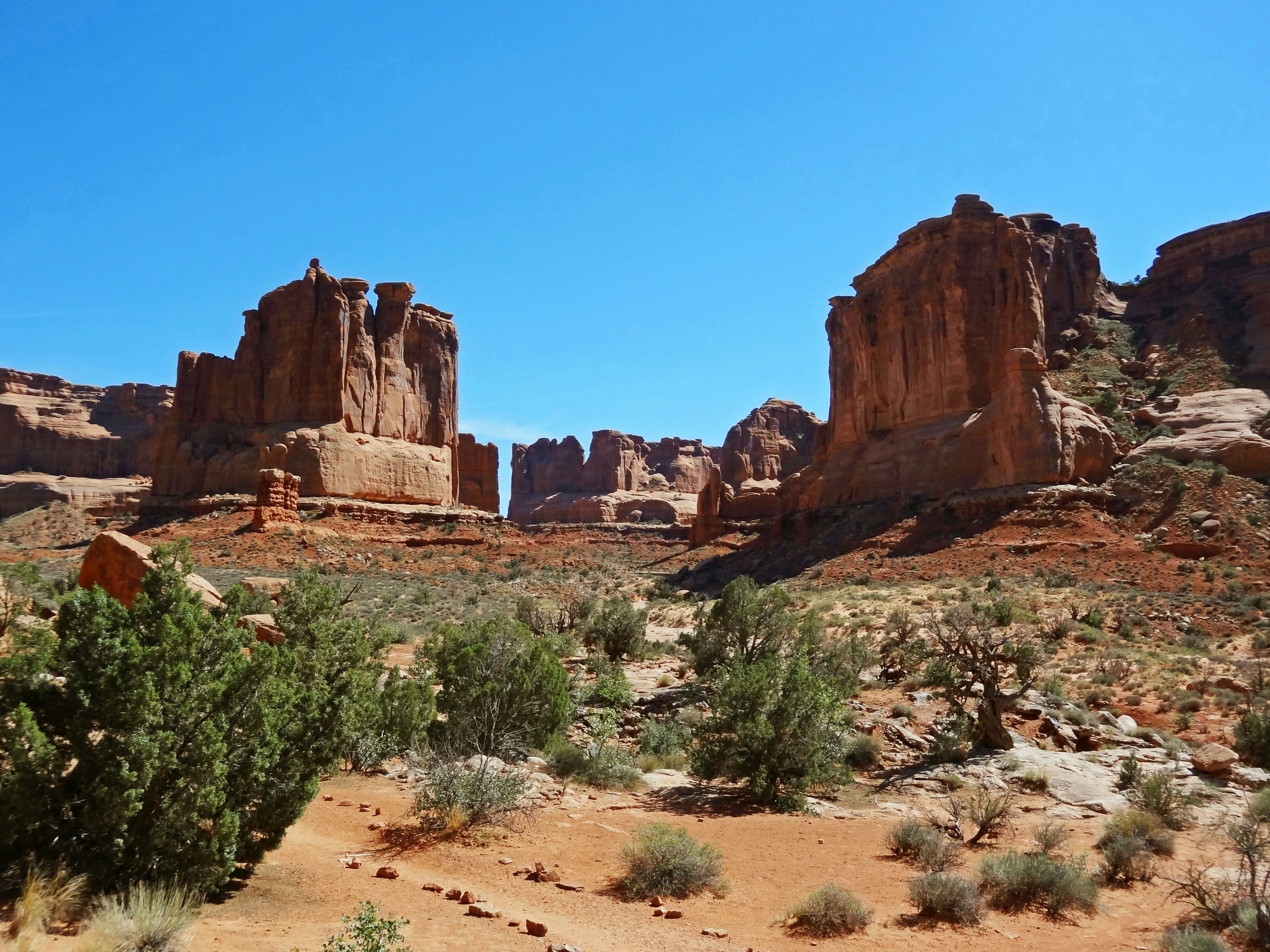 Formaciones rocosas majestuosas en el Parque Nacional Arches bajo un cielo azul claro